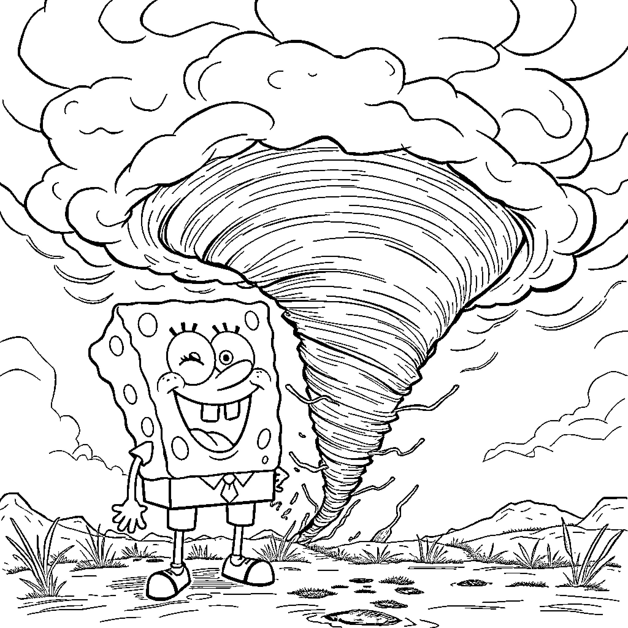 Spongebob in a Whirlwind of Adventure Coloring Page (free black-and-white line drawing printable PDF for all, from beginners to advanced learners, including children, teens, adults, and seniors)