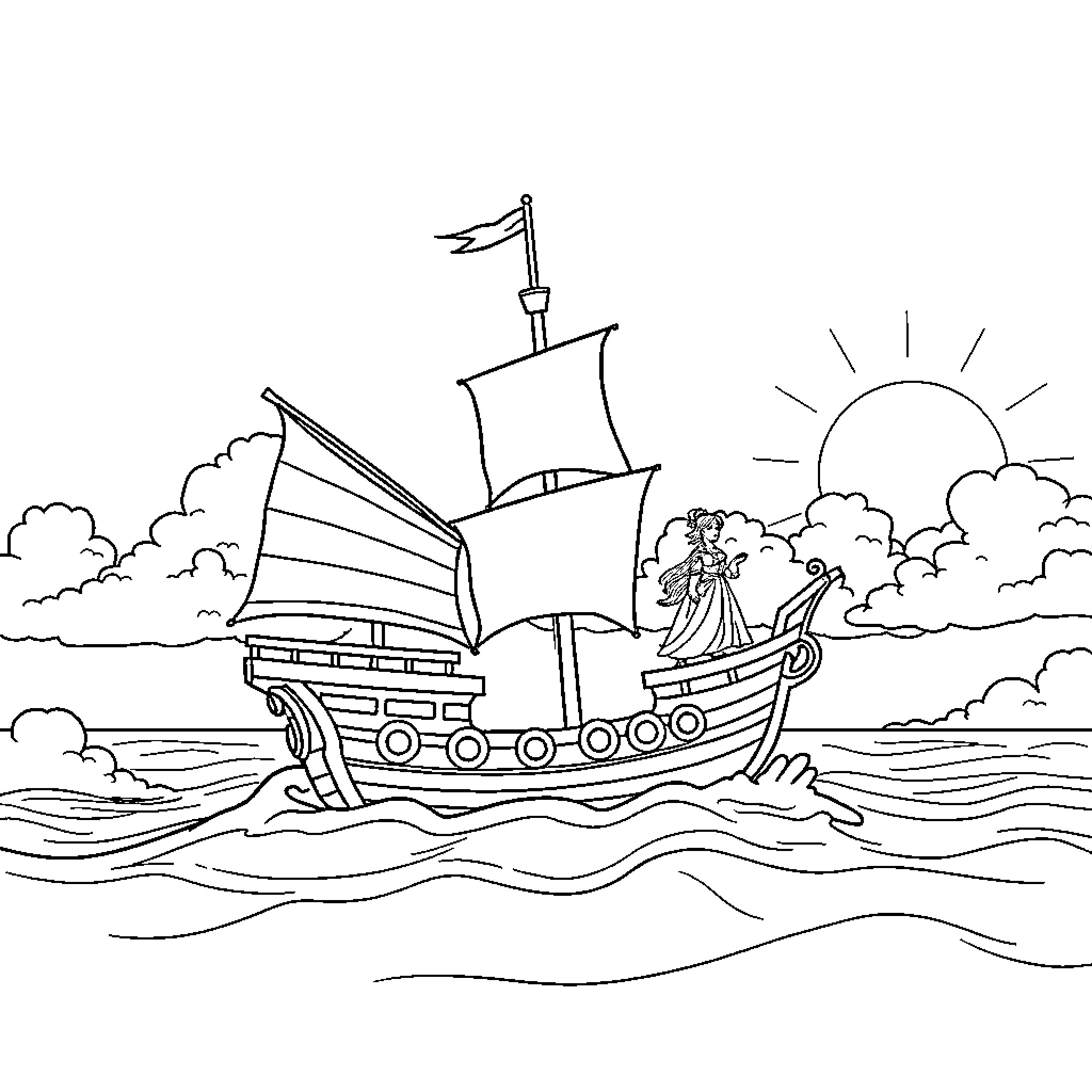 Pirate Ship Sailing the Seas on a Sunny Day Coloring Page (free black-and-white line drawing printable PDF for all, from beginners to advanced learners, including children, teens, adults, and seniors)