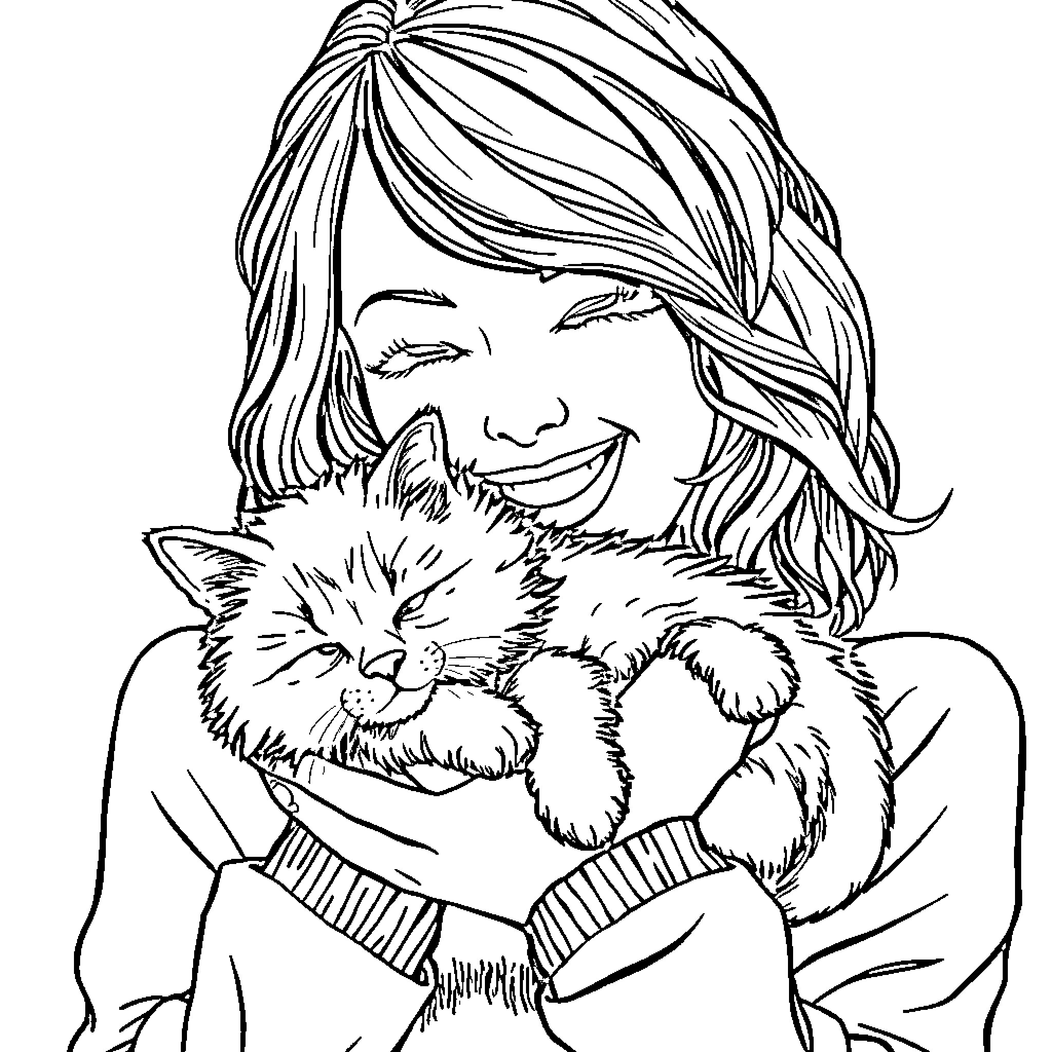 Cat snuggling happily with smiling woman Coloring Page (free black-and-white line drawing printable PDF for all, from beginners to advanced learners, including children, teens, adults, and seniors)