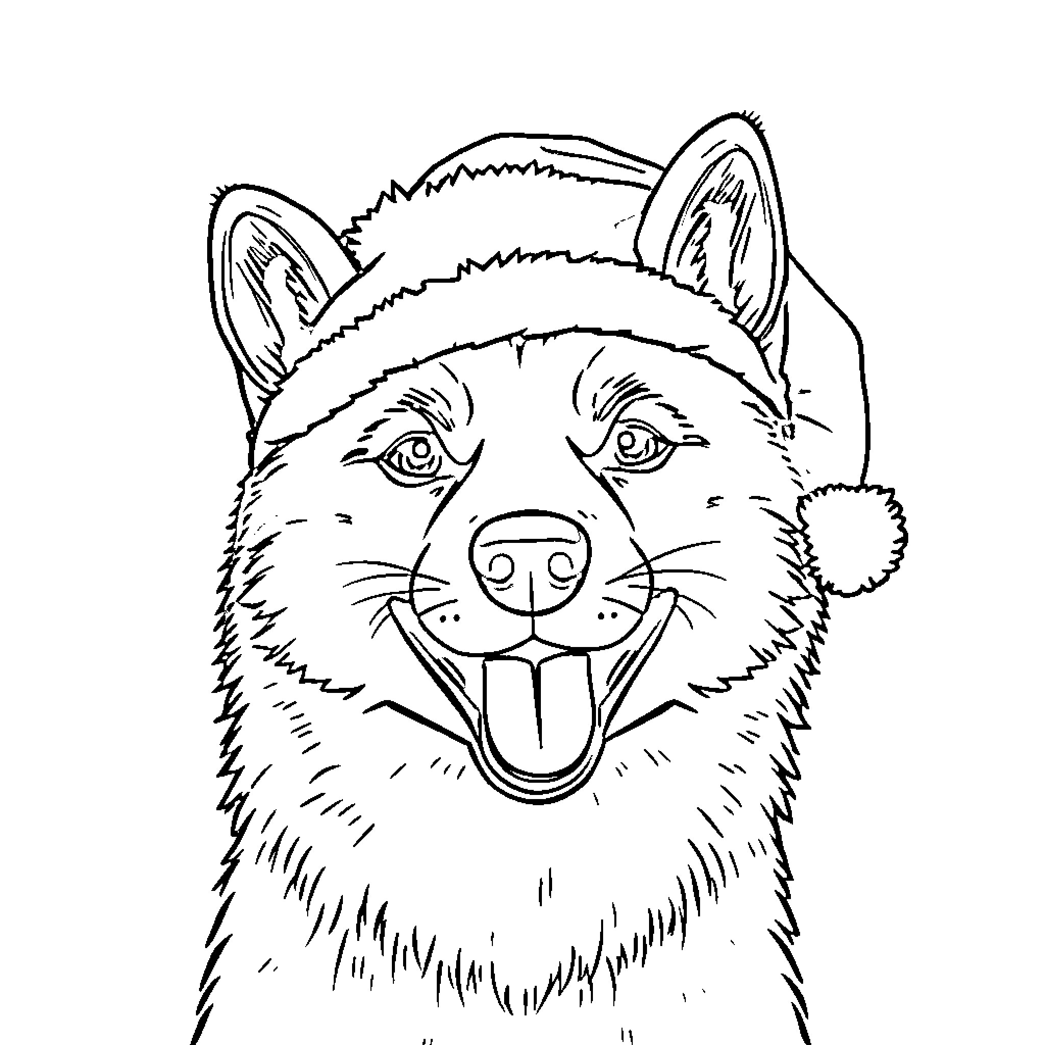 Shiba Inu wearing a Santa hat and smiling Coloring Page (free black-and-white line drawing printable PDF for all, from beginners to advanced learners, including children, teens, adults, and seniors)