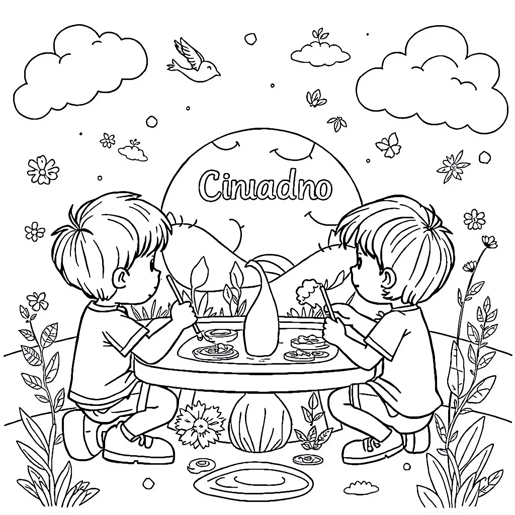 Children enjoying a snack together Coloring Page (free black-and-white line drawing printable PDF for all, from beginners to advanced learners, including children, teens, adults, and seniors)