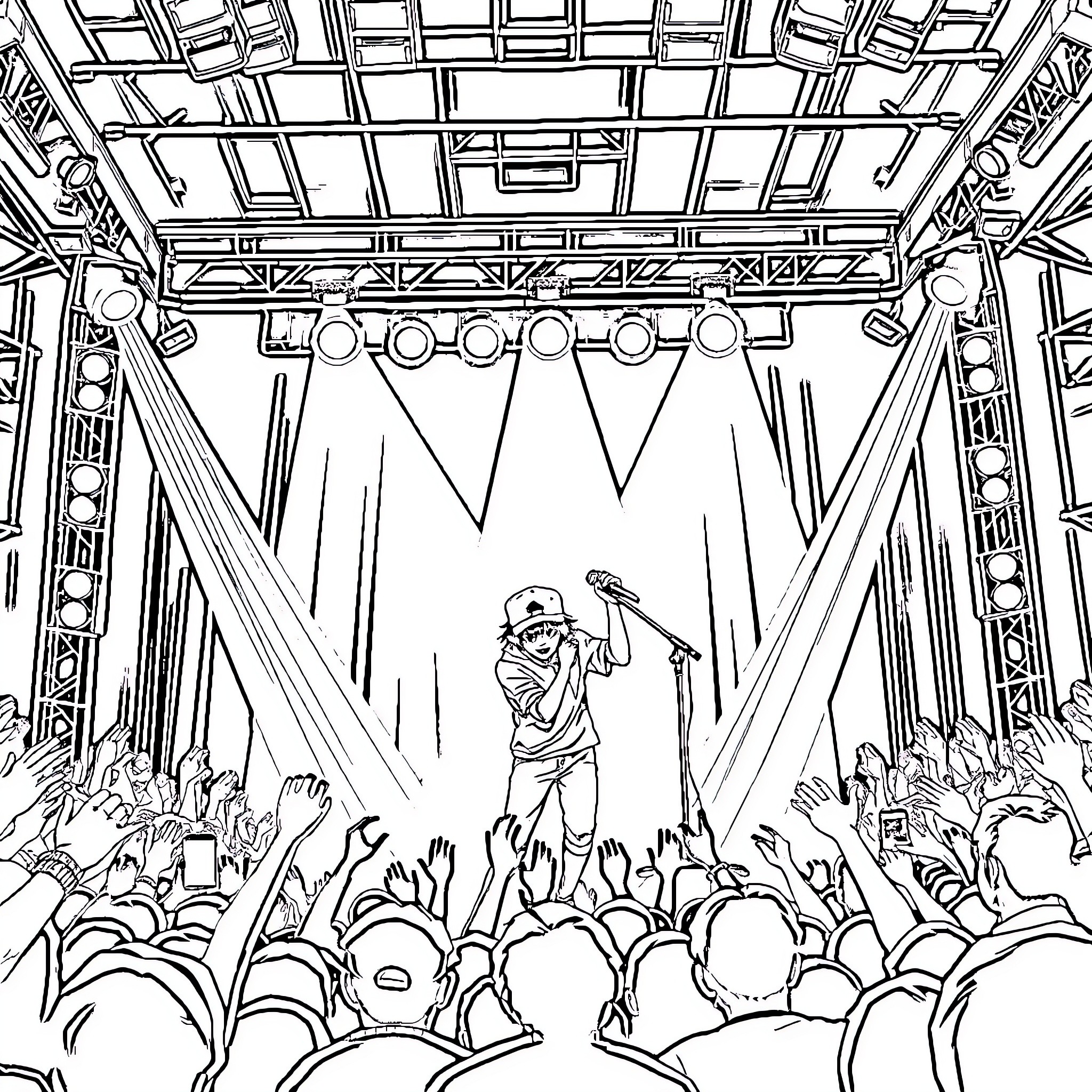 Suga performing energetically on stage Coloring Page (free black-and-white line drawing printable PDF for all, from beginners to advanced learners, including children, teens, adults, and seniors)