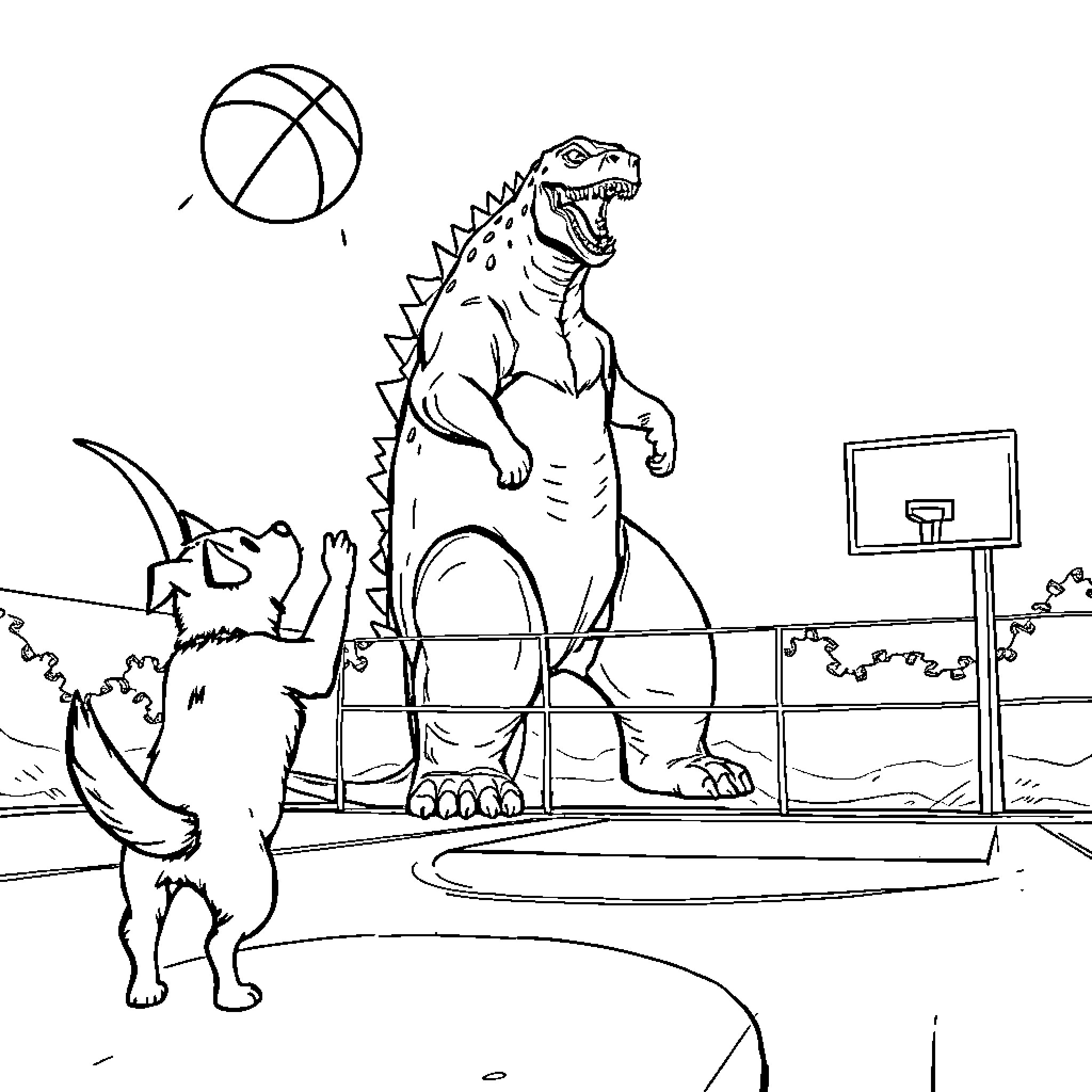Dog playing basketball with dinosaur on court Coloring Page (free black-and-white line drawing printable PDF for all, from beginners to advanced learners, including children, teens, adults, and seniors)