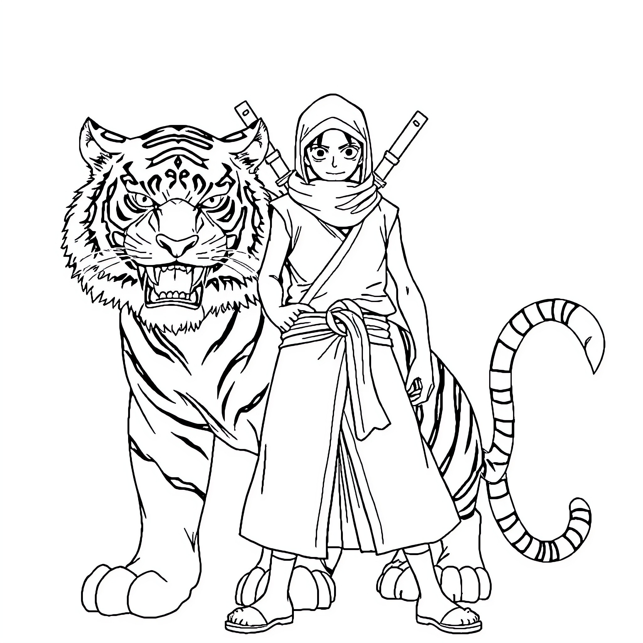 Ninja warrior and fierce tiger companion Coloring Page (free black-and-white line drawing printable PDF for all, from beginners to advanced learners, including children, teens, adults, and seniors)