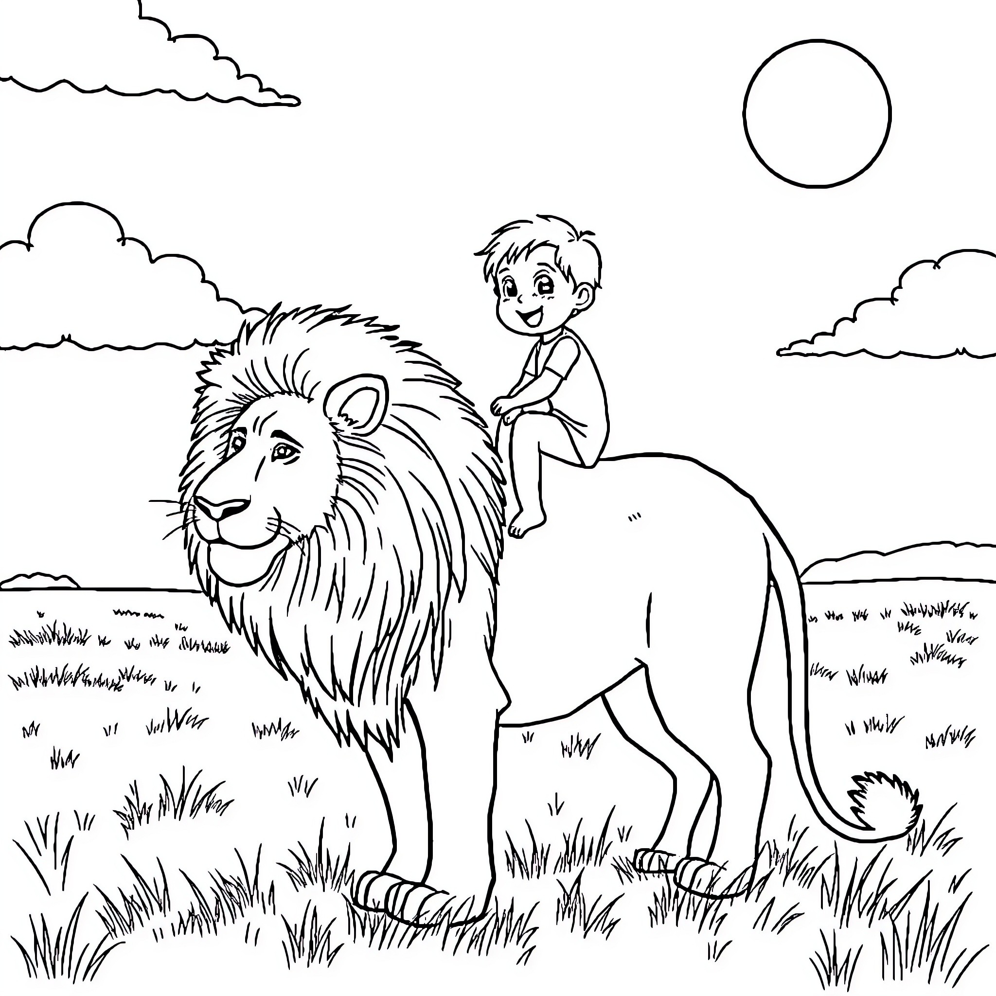 Kid riding playfully on a mighty lion Coloring Page (free black-and-white line drawing printable PDF for all, from beginners to advanced learners, including children, teens, adults, and seniors)
