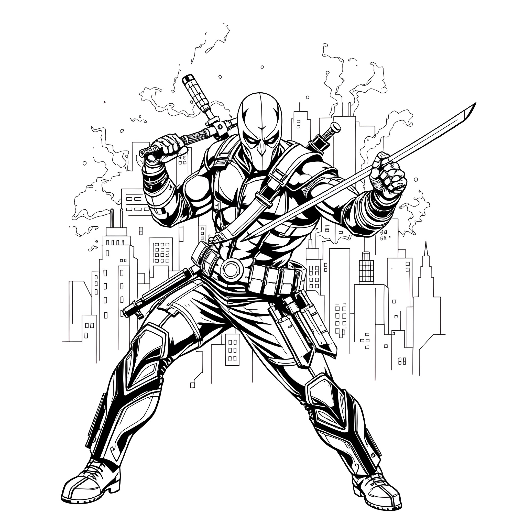 Deathstroke in action against the city skyline Coloring Page (free black-and-white line drawing printable PDF for all, from beginners to advanced learners, including children, teens, adults, and seniors)