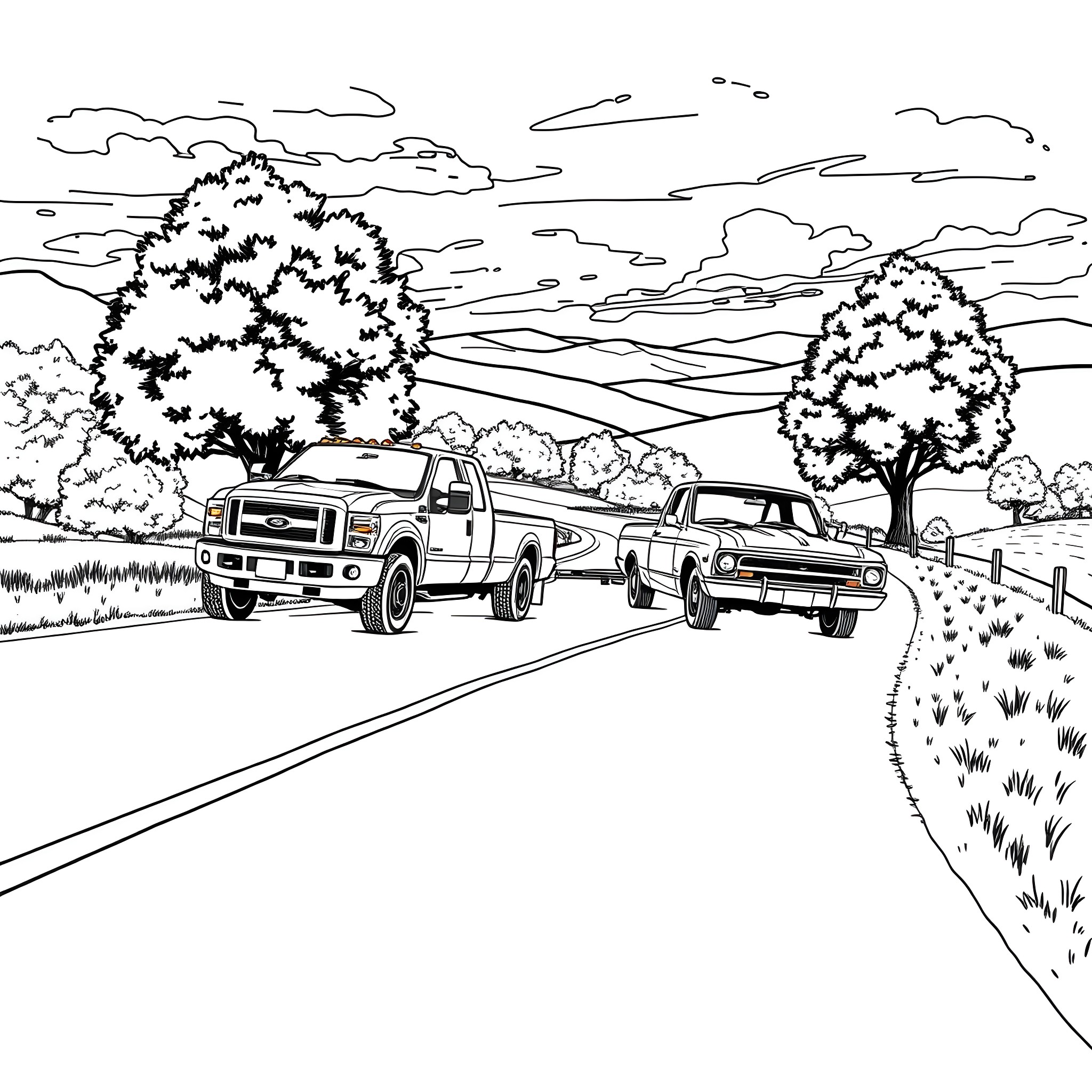 Ford Trucks on a Country Road Coloring Page (free black-and-white line drawing printable PDF for all, from beginners to advanced learners, including children, teens, adults, and seniors)
