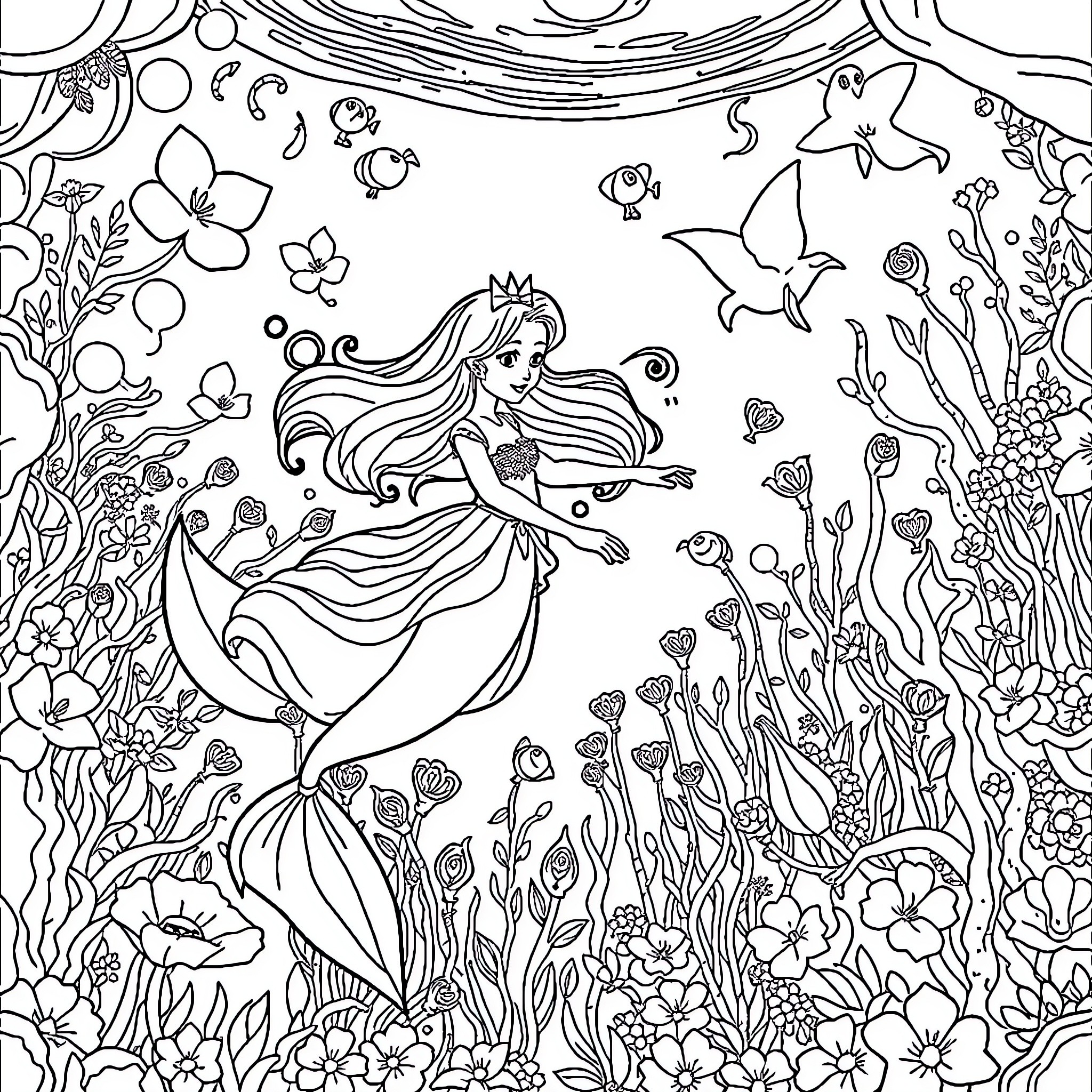 Mermaid swimming among vibrant underwater flora and fauna Coloring Page (free black-and-white line drawing printable PDF for all, from beginners to advanced learners, including children, teens, adults, and seniors)