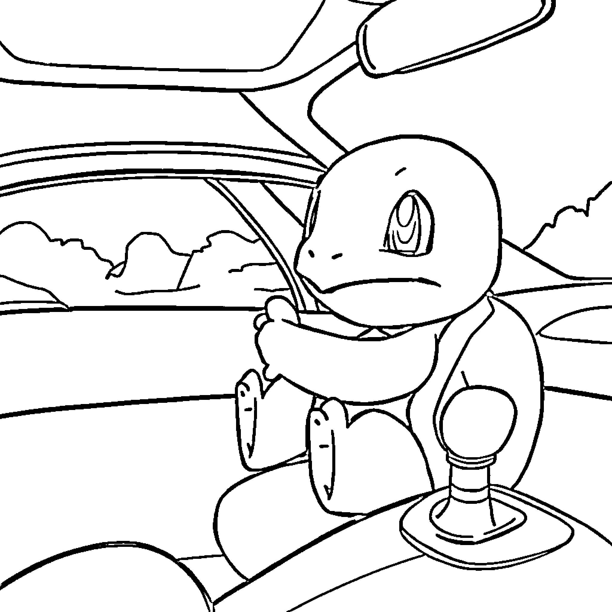 Squirtle enjoying a ride in a vehicle Coloring Page (free black-and-white line drawing printable PDF for all, from beginners to advanced learners, including children, teens, adults, and seniors)