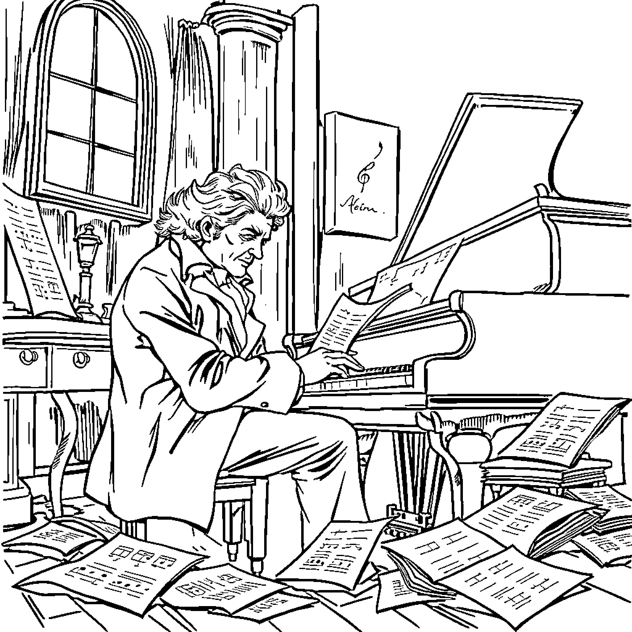 Beethoven Composing Music Amidst Clutter Coloring Page (free black-and-white line drawing printable PDF for all, from beginners to advanced learners, including children, teens, adults, and seniors)