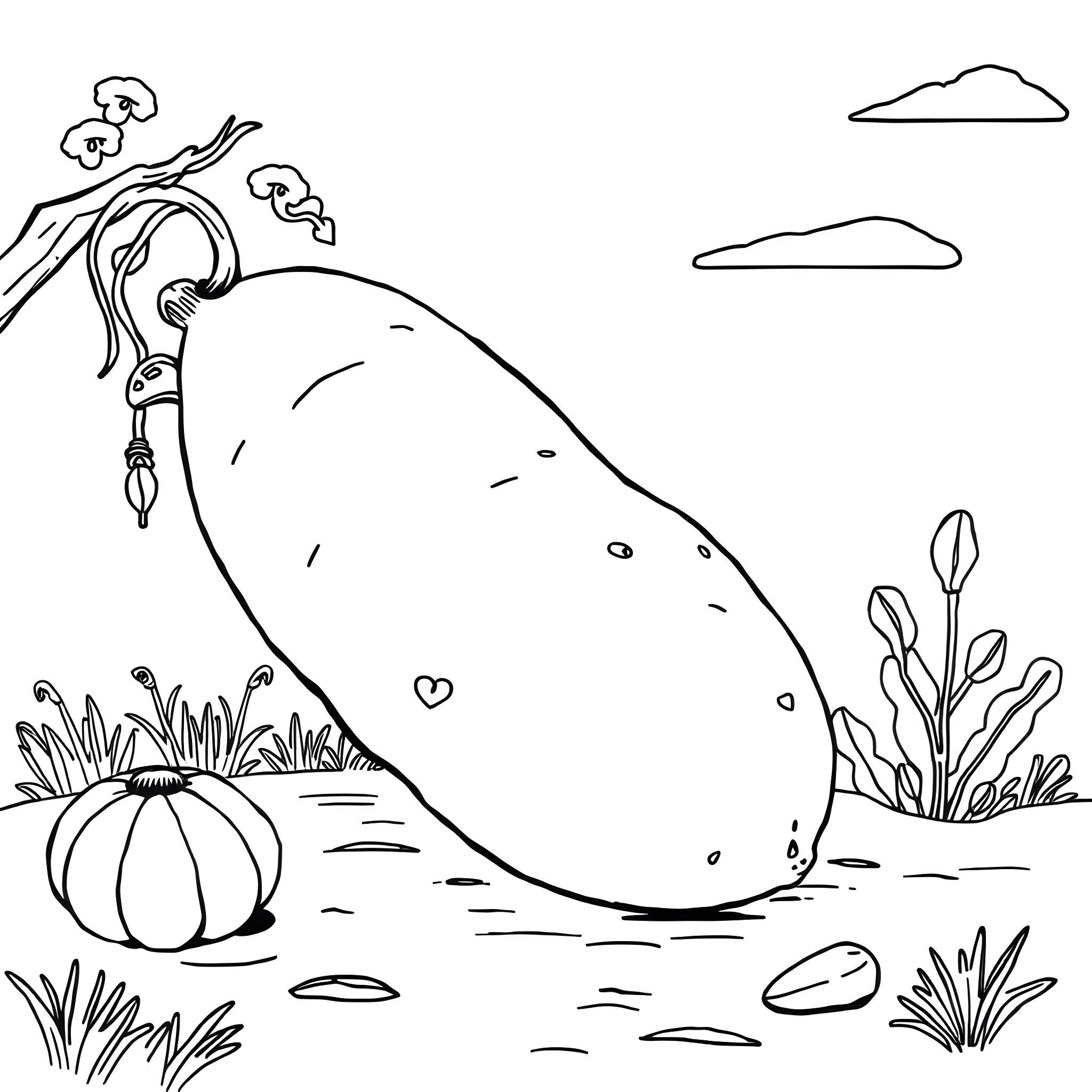Potato rolling down the hill with plants Coloring Page (free black-and-white line drawing printable PDF for all, from beginners to advanced learners, including children, teens, adults, and seniors)