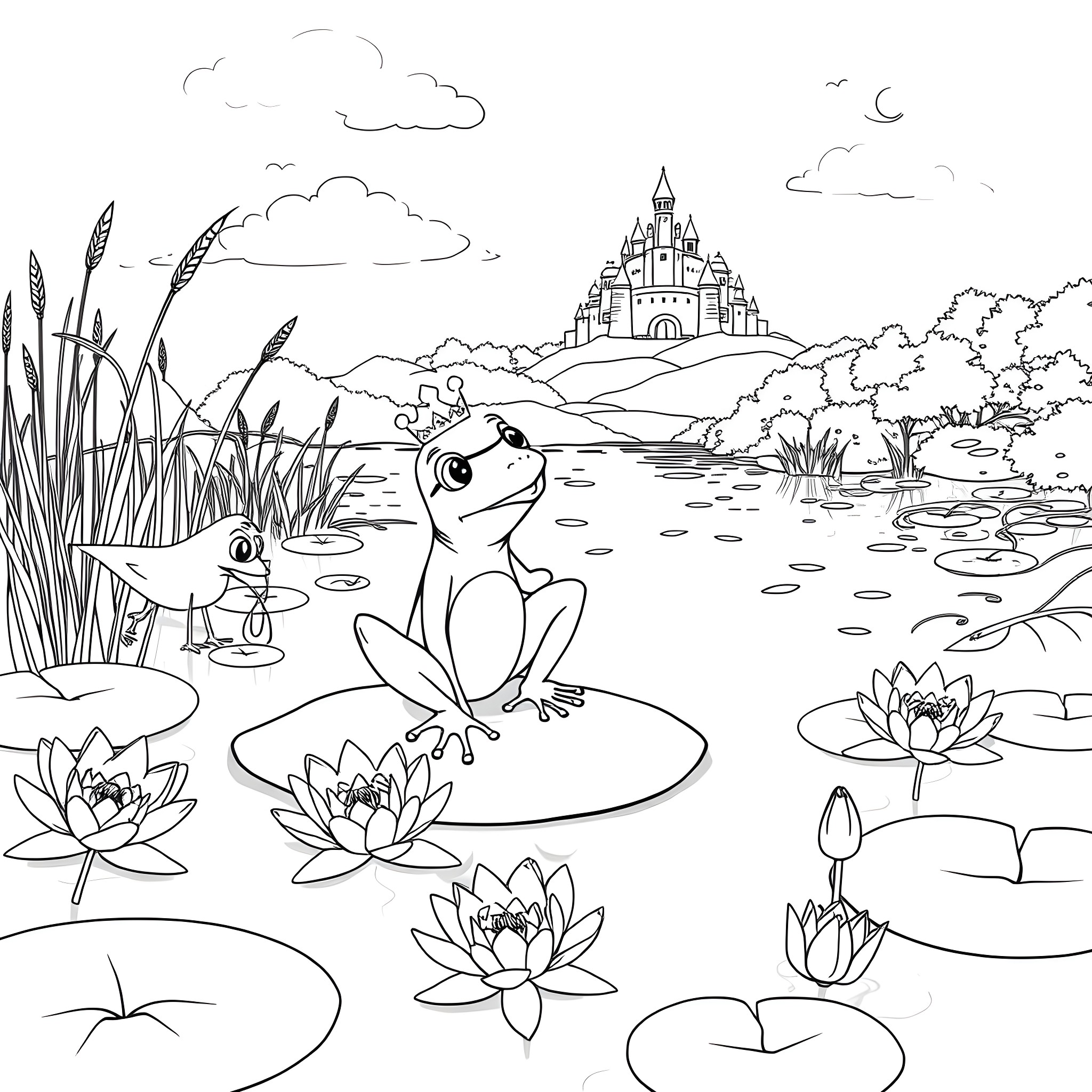 Frog exploring a magical pond with a castle Coloring Page (free black-and-white line drawing printable PDF for all, from beginners to advanced learners, including children, teens, adults, and seniors)