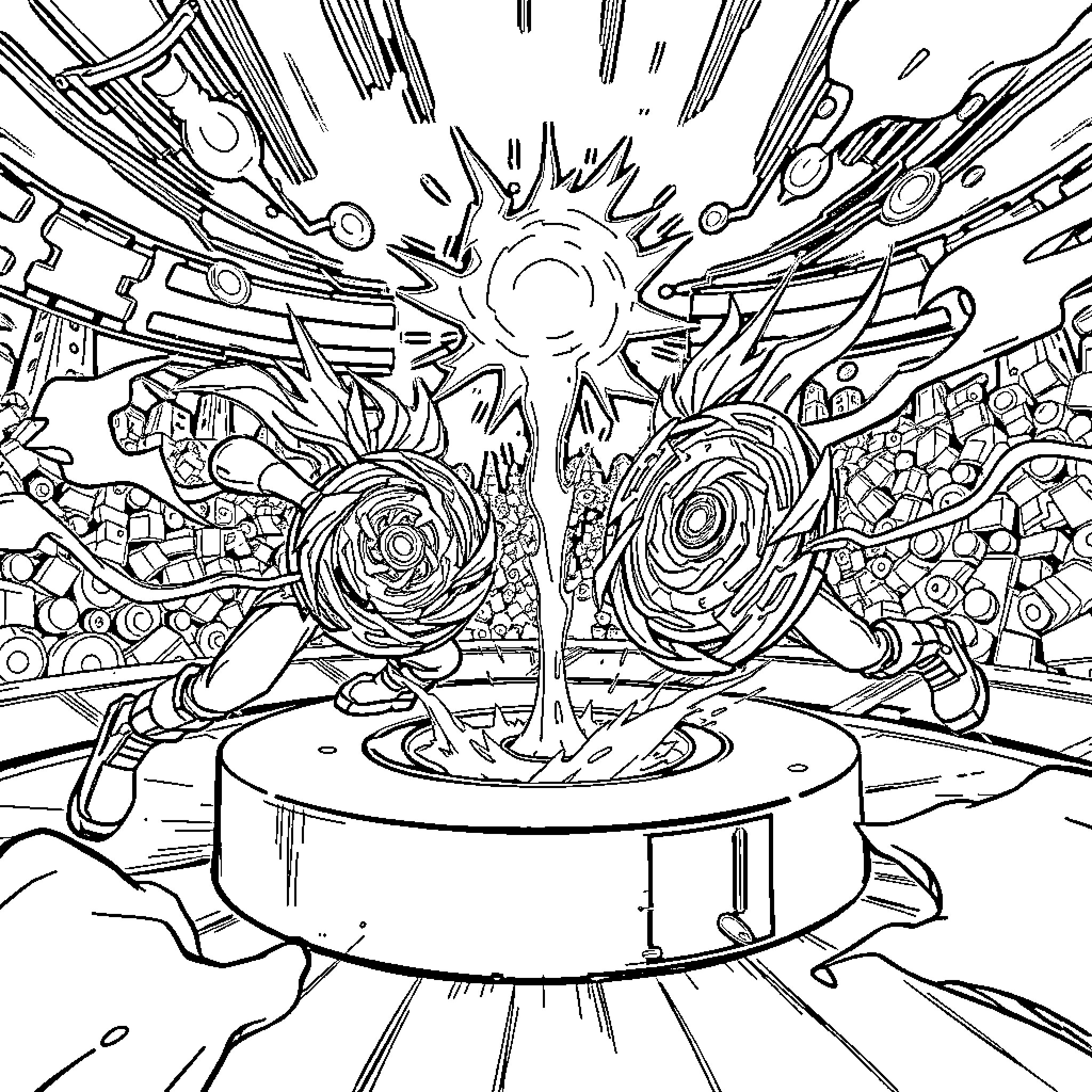 Beyblade Tournament: Intense Spinning Action Coloring Page (free black-and-white line drawing printable PDF for all, from beginners to advanced learners, including children, teens, adults, and seniors)