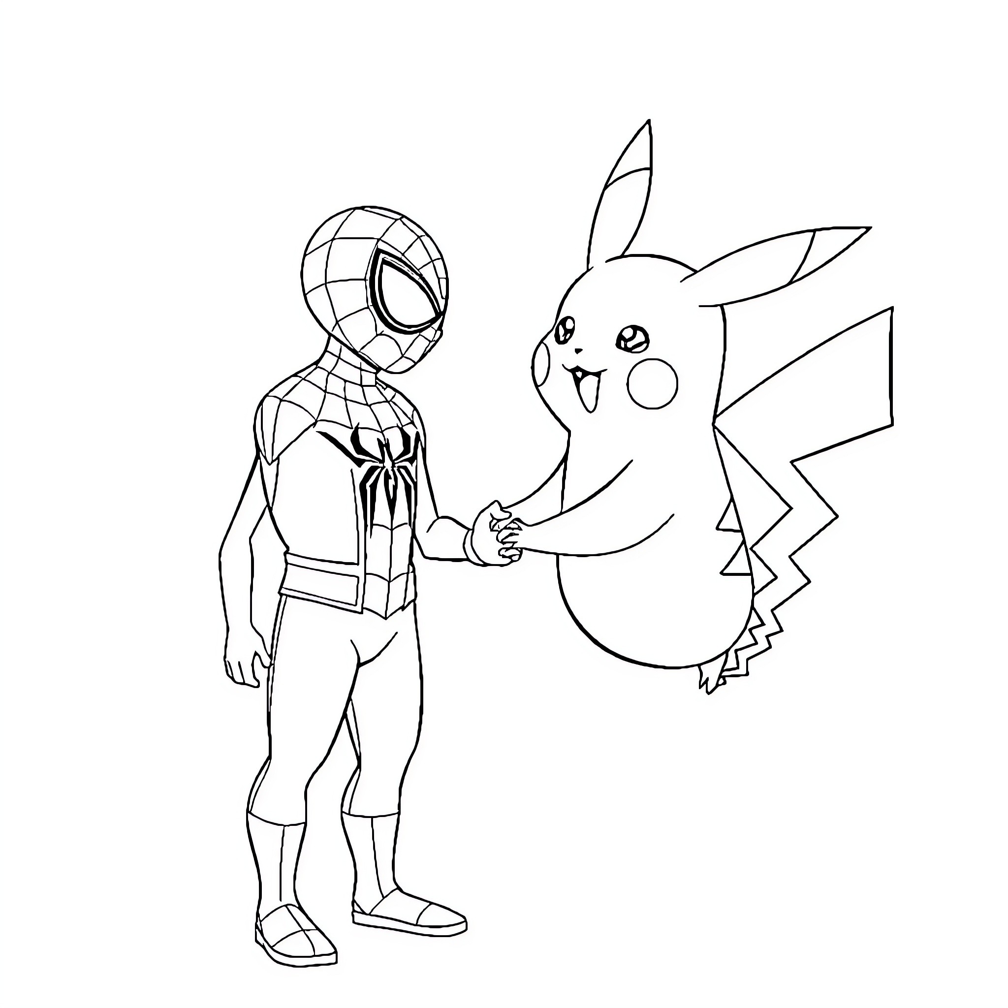 Spiderman meets Pikachu in a playful encounter Coloring Page (free black-and-white line drawing printable PDF for all, from beginners to advanced learners, including children, teens, adults, and seniors)