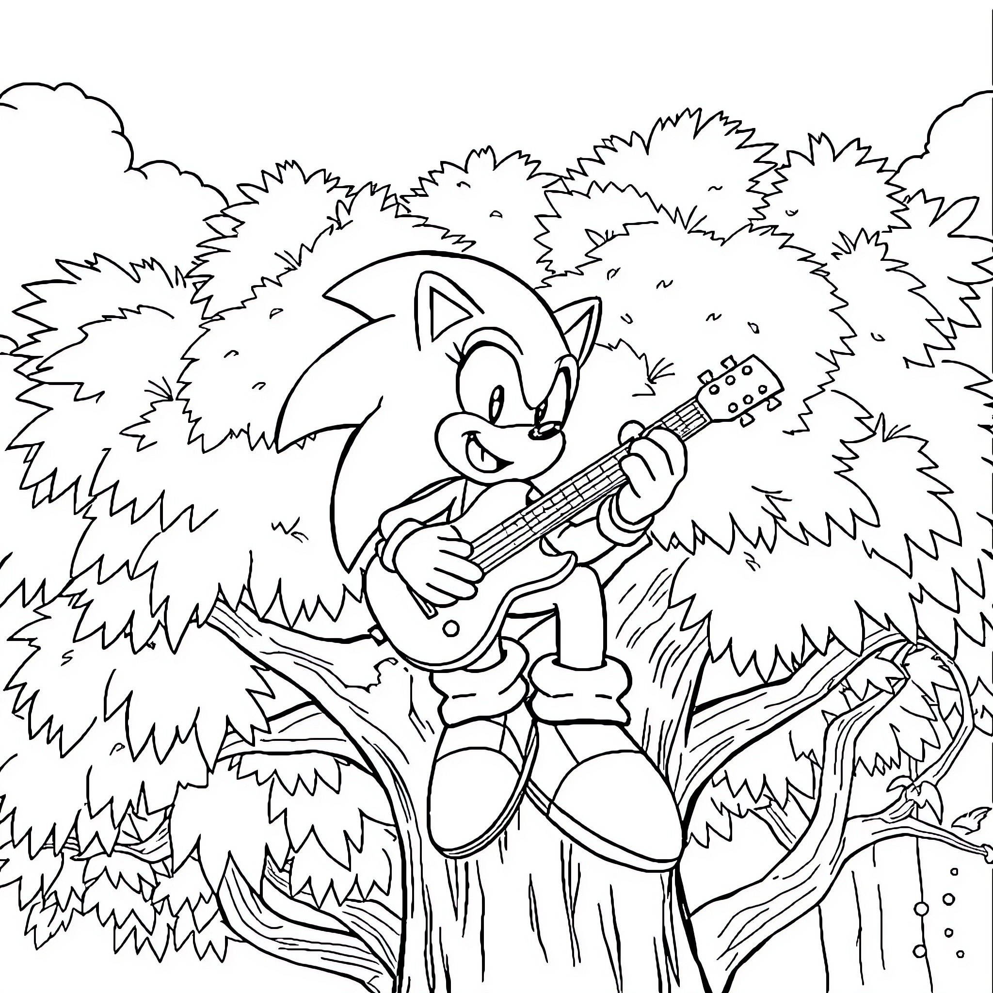 Sonic playing guitar in the forest Coloring Page (free black-and-white line drawing printable PDF for all, from beginners to advanced learners, including children, teens, adults, and seniors)