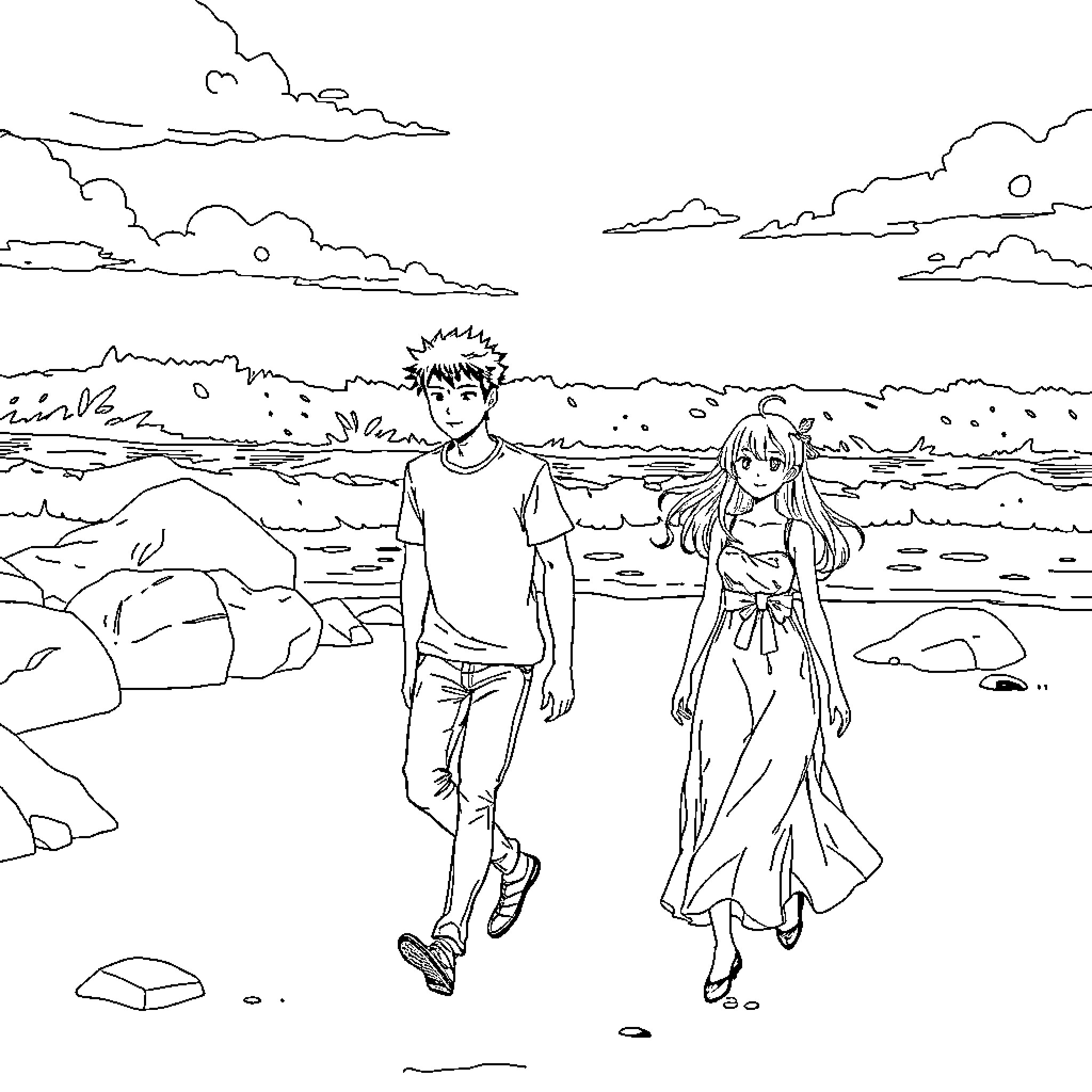 Itadori Yuji and Companion Exploring Scenic Landscape Coloring Page (free black-and-white line drawing printable PDF for all, from beginners to advanced learners, including children, teens, adults, and seniors)