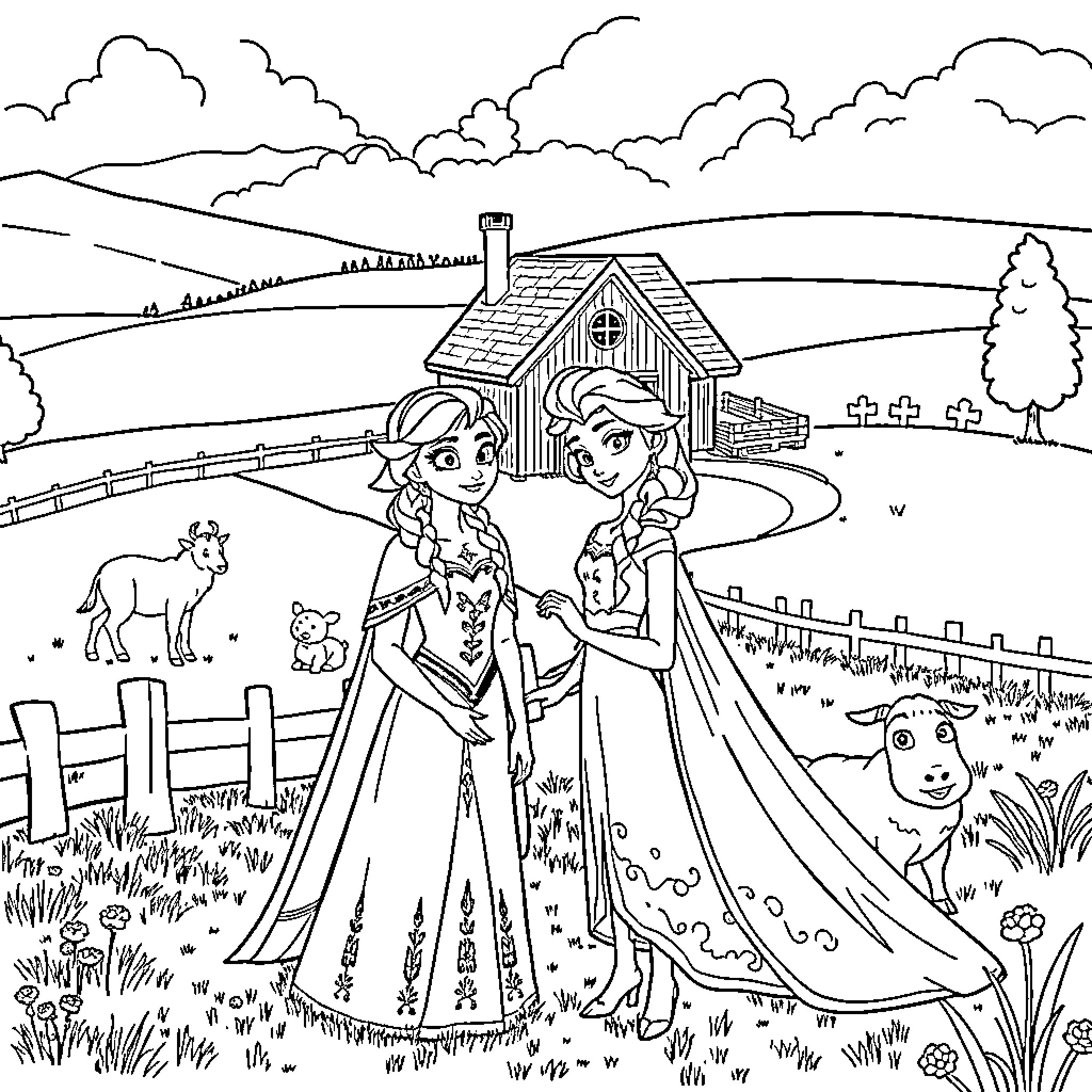 Vaiana and Moana's Enchanting Farmhouse Adventure Coloring Page (free black-and-white line drawing printable PDF for all, from beginners to advanced learners, including children, teens, adults, and seniors)