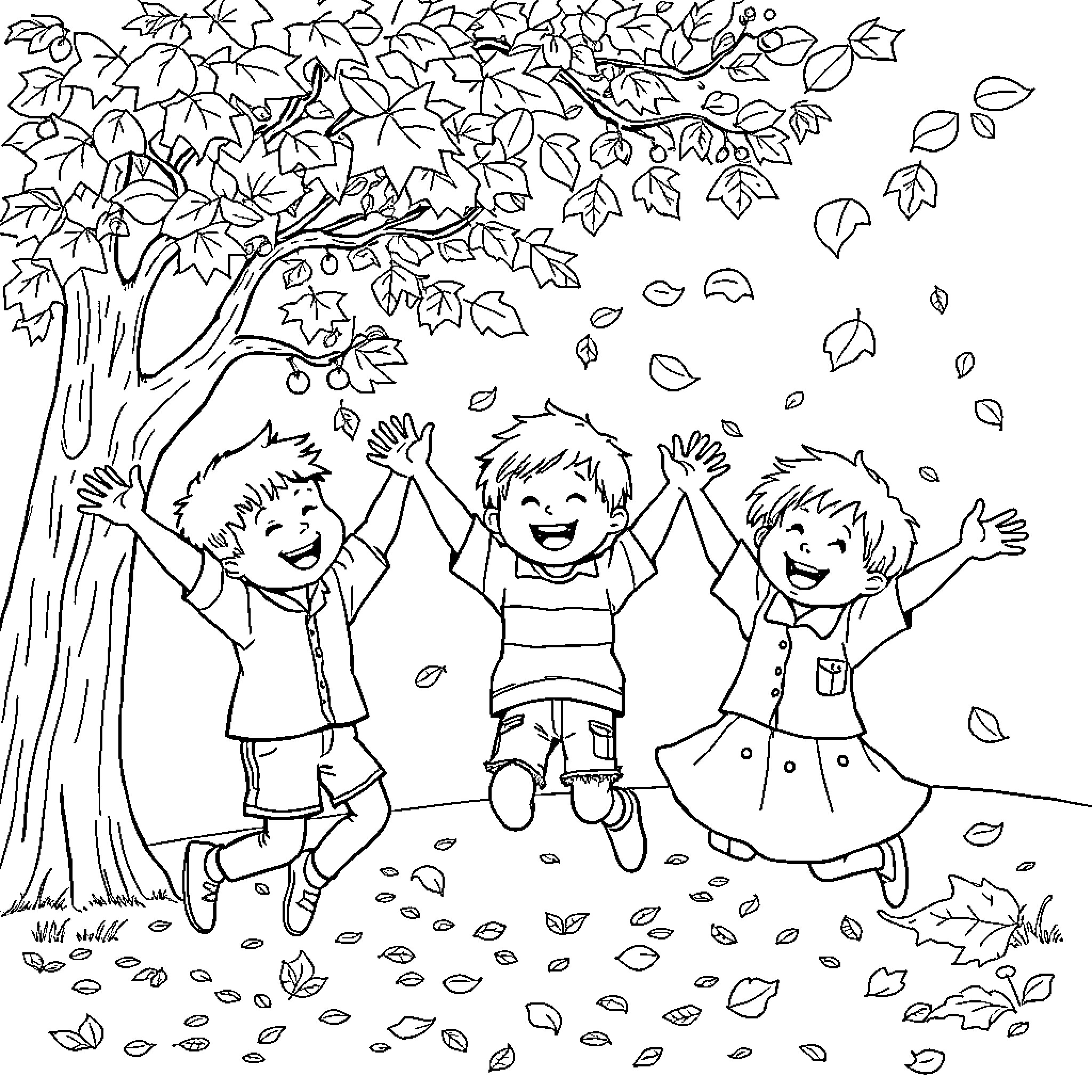 Child Joyfully Jumping in Autumn Leaves Coloring Page (free black-and-white line drawing printable PDF for all, from beginners to advanced learners, including children, teens, adults, and seniors)