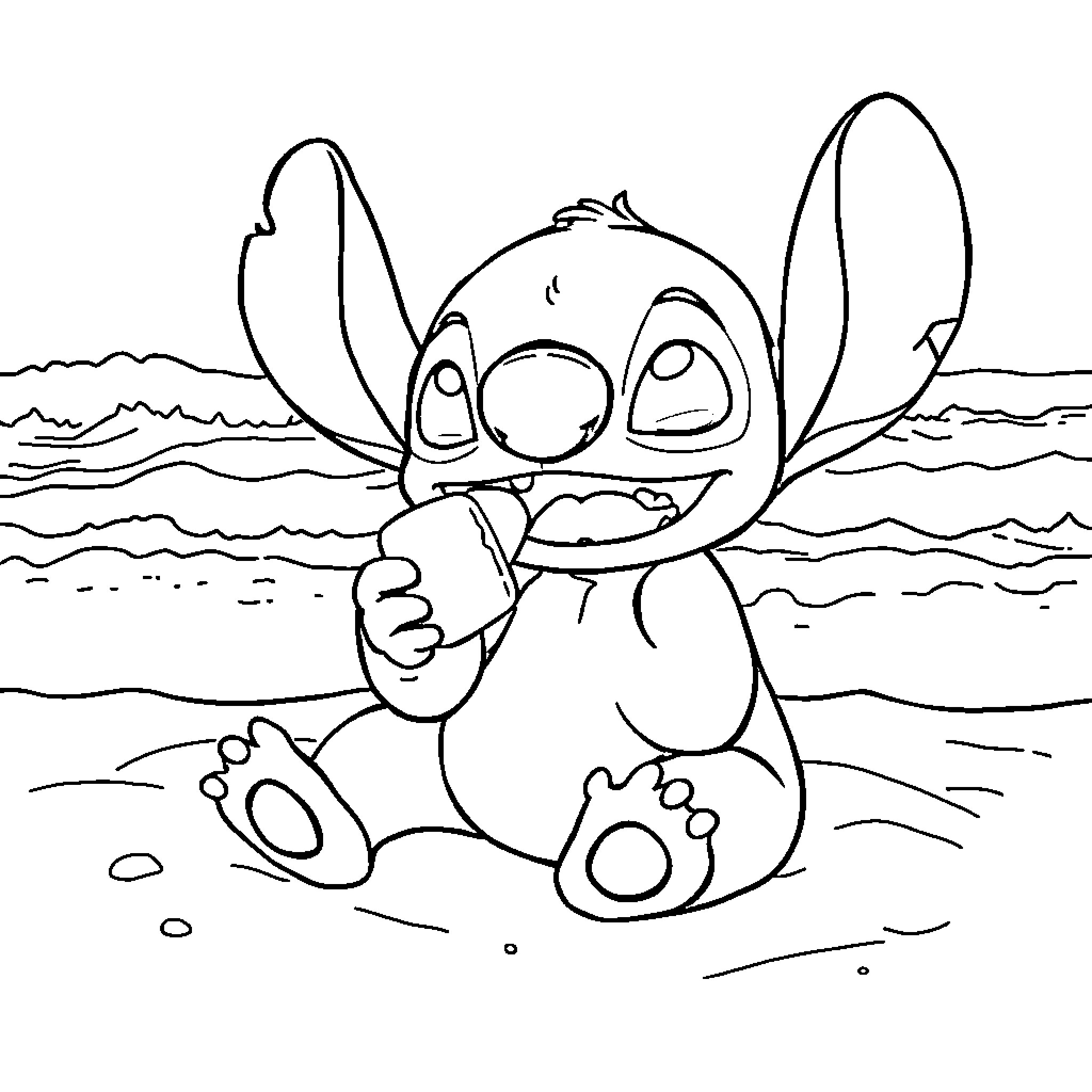 Stitch enjoying a relaxing beach day Coloring Page (free black-and-white line drawing printable PDF for all, from beginners to advanced learners, including children, teens, adults, and seniors)