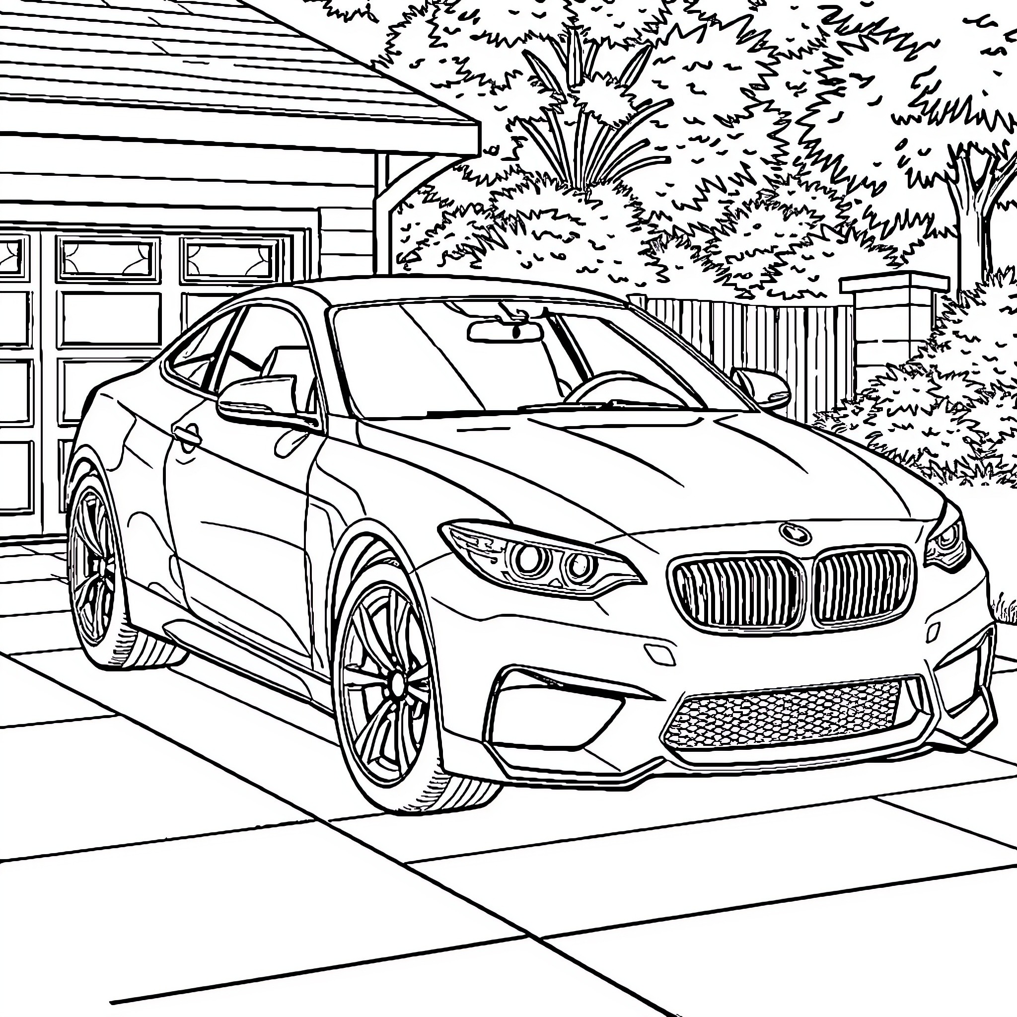 Car parked in front of a home in a neighborhood Coloring Page (free black-and-white line drawing printable PDF for all, from beginners to advanced learners, including children, teens, adults, and seniors)