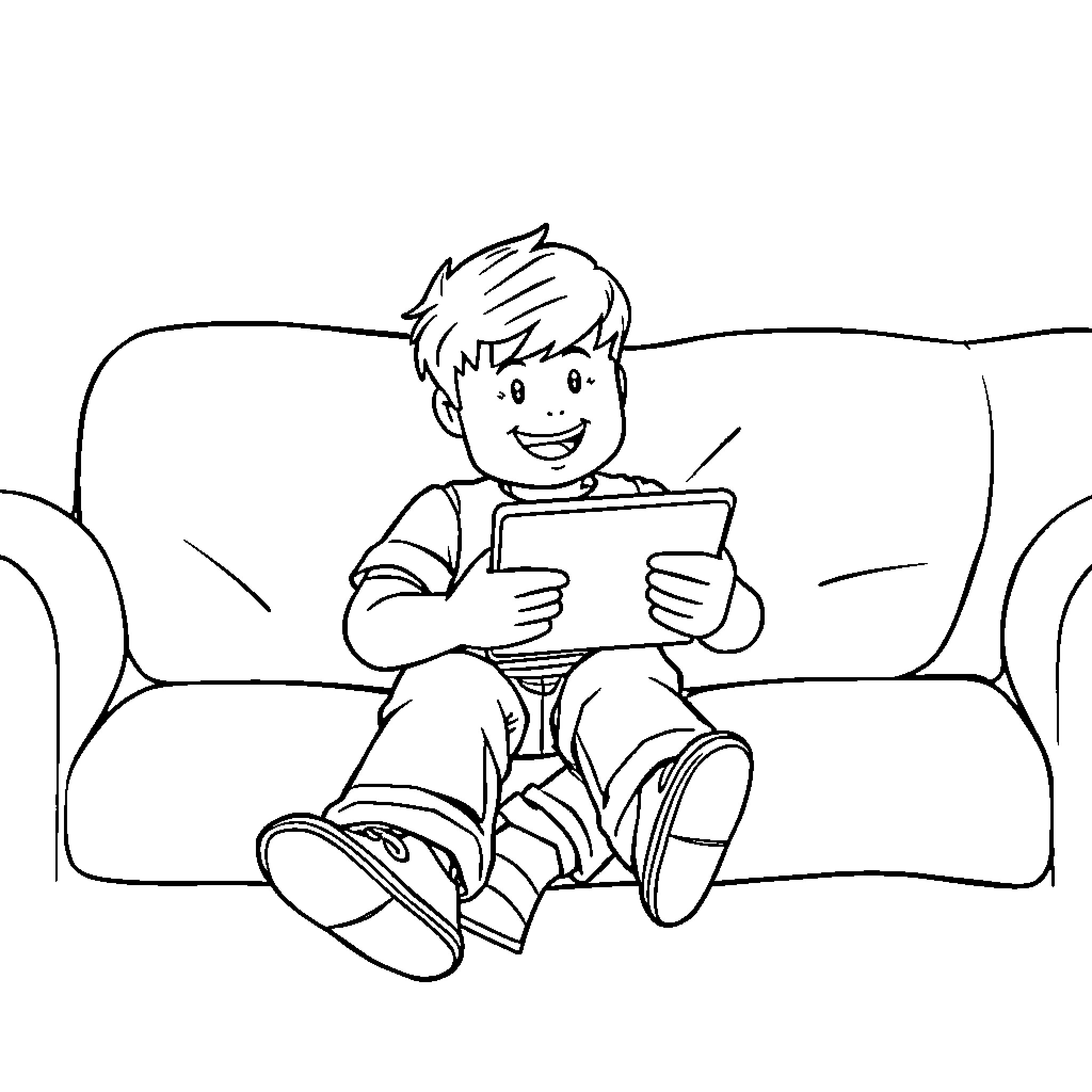Boy enjoying digital device on couch Coloring Page (free black-and-white line drawing printable PDF for all, from beginners to advanced learners, including children, teens, adults, and seniors)