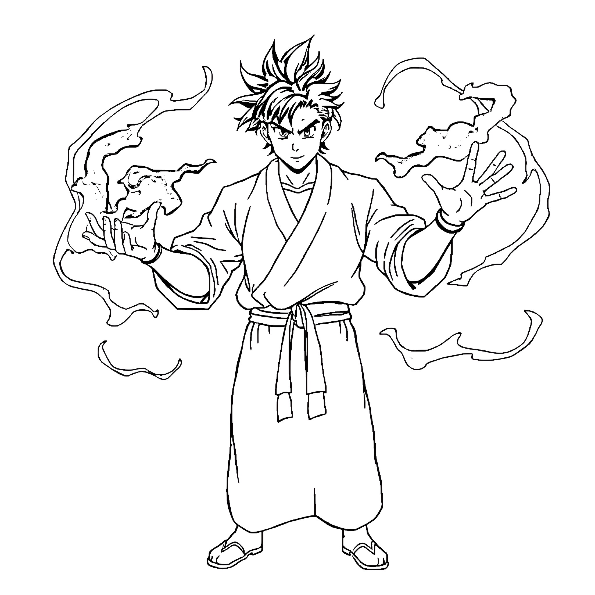 Gojo wielding mystical powers in dramatic pose Coloring Page (free black-and-white line drawing printable PDF for all, from beginners to advanced learners, including children, teens, adults, and seniors)