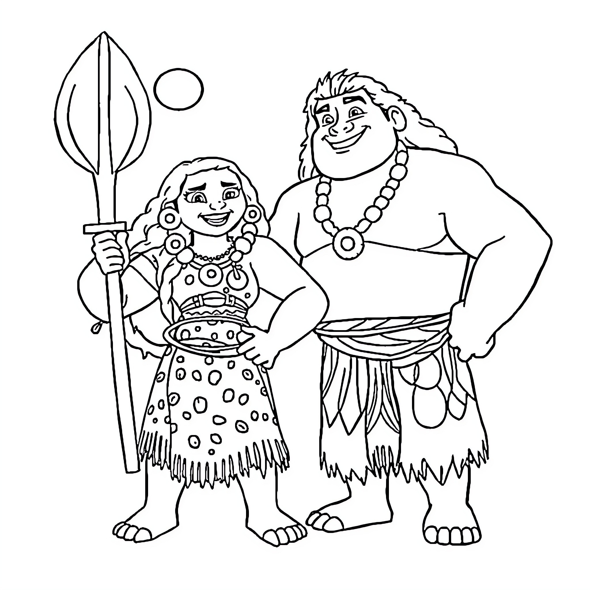 Moana and Maui in traditional island attire Coloring Page (free black-and-white line drawing printable PDF for all, from beginners to advanced learners, including children, teens, adults, and seniors)
