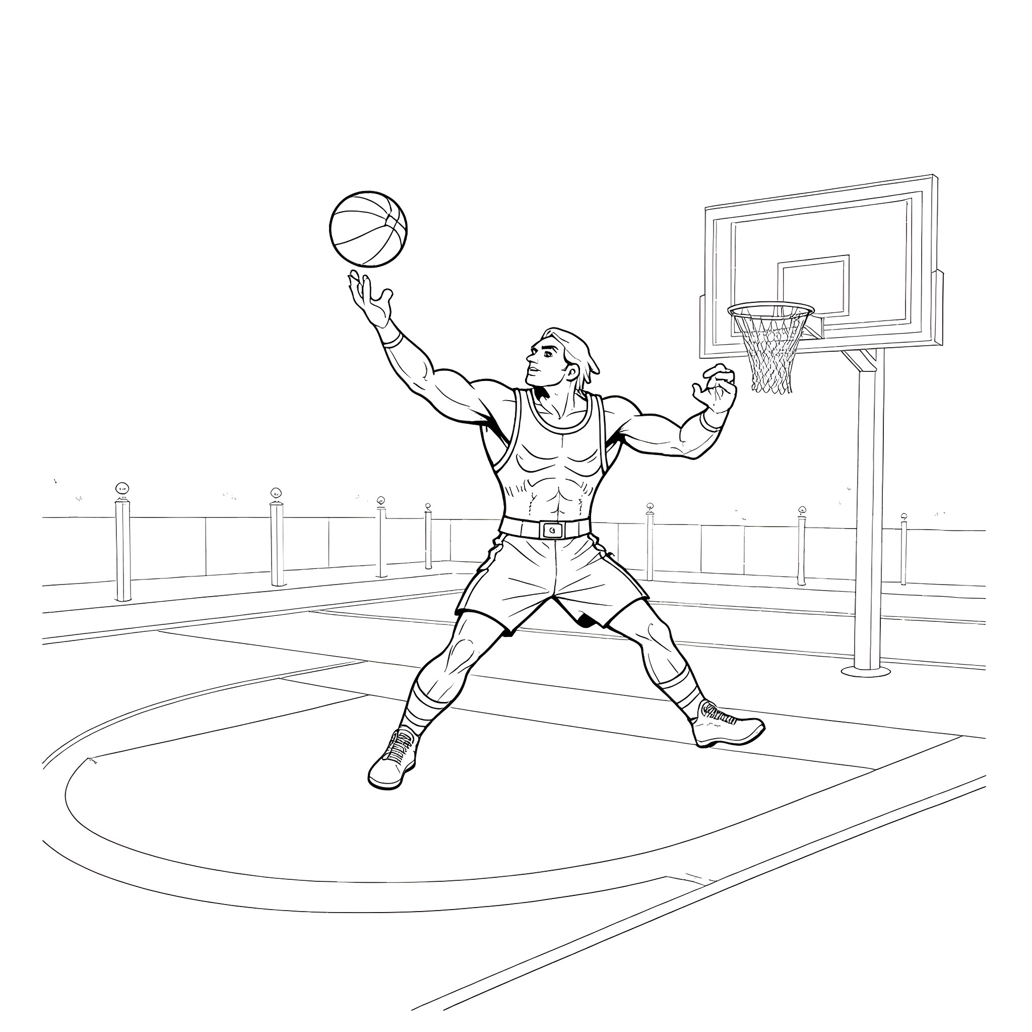 He-Man Playing Basketball on the Court Coloring Page (free black-and-white line drawing printable PDF for all, from beginners to advanced learners, including children, teens, adults, and seniors)