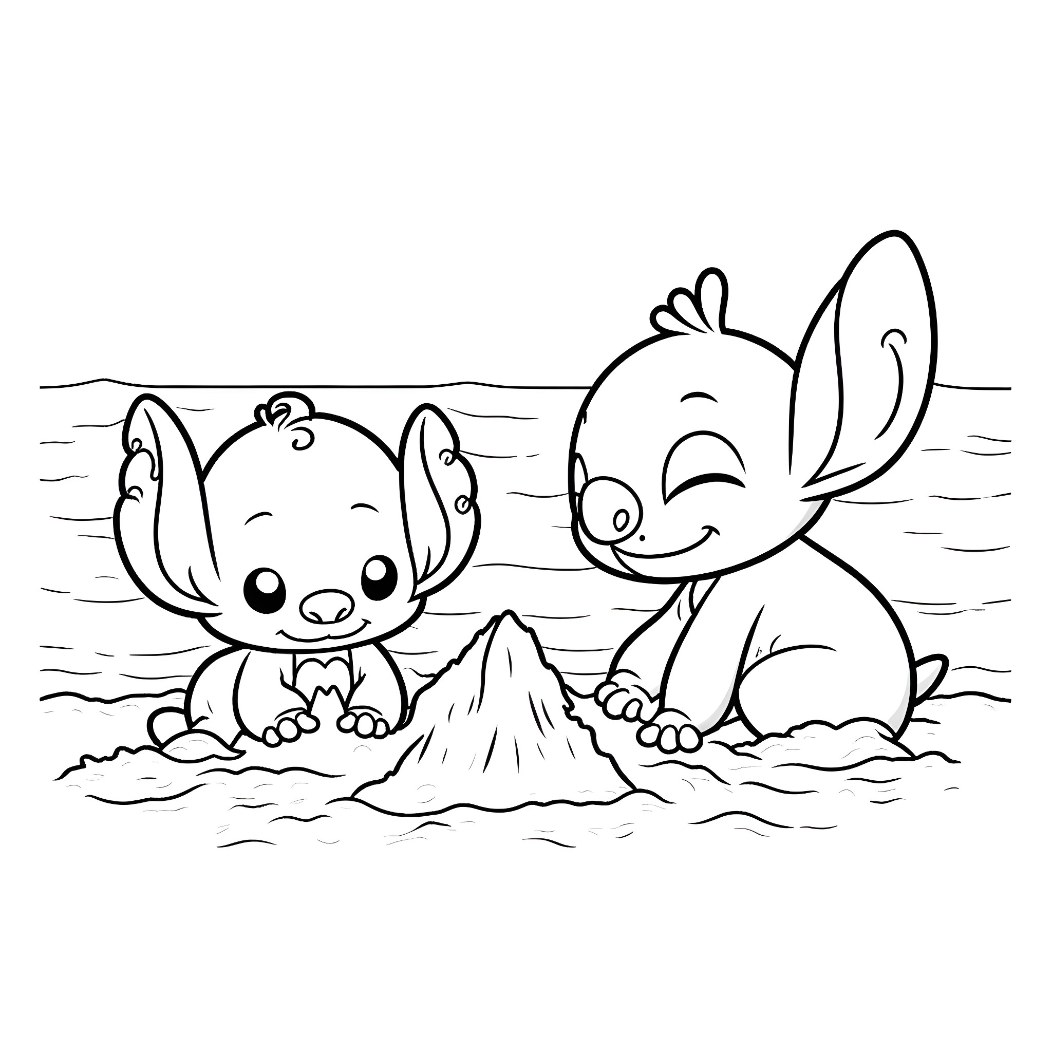 Stitch and Lilo playing in the sand Coloring Page (free black-and-white line drawing printable PDF for all, from beginners to advanced learners, including children, teens, adults, and seniors)
