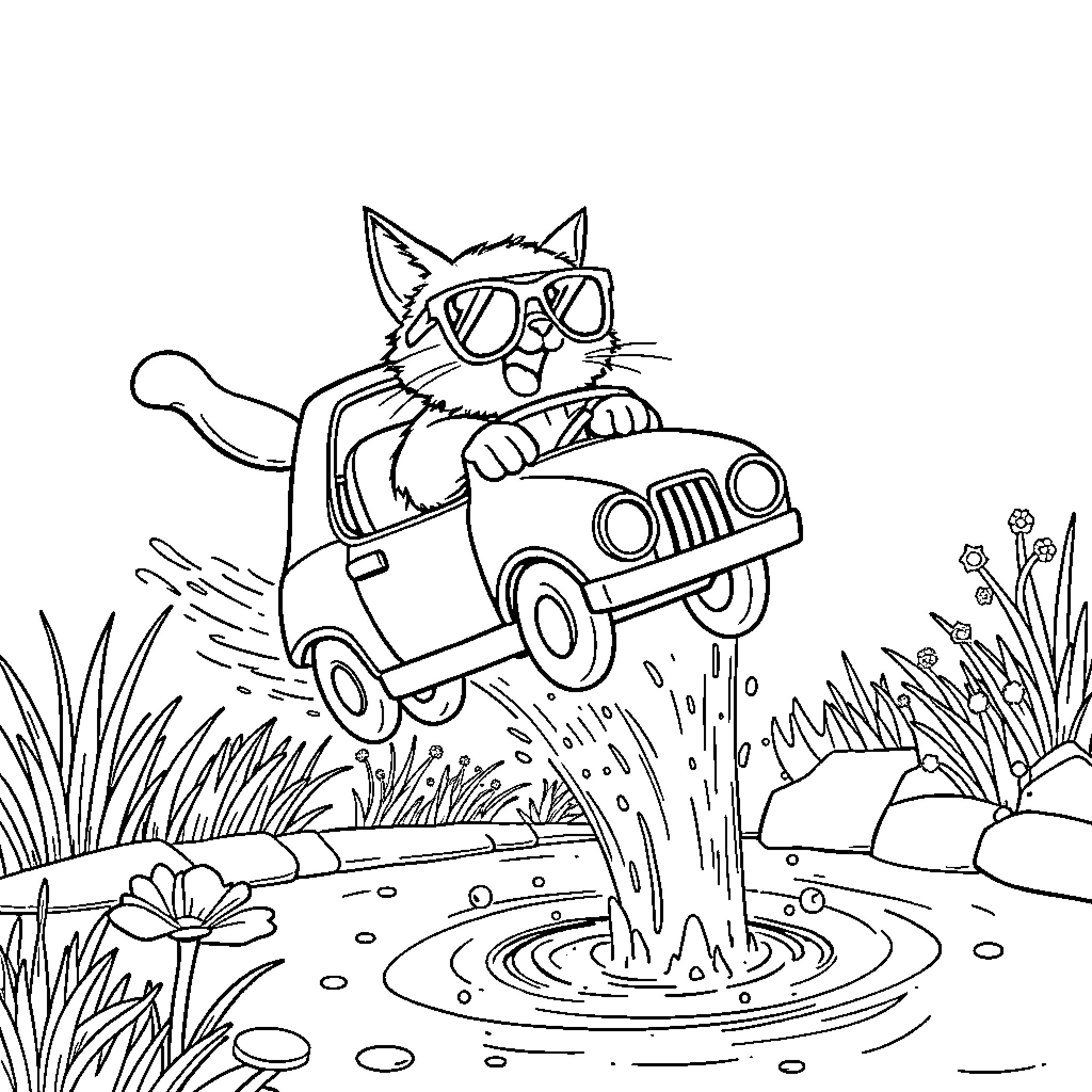 Cat driving a car through water Coloring Page (free black-and-white line drawing printable PDF for all, from beginners to advanced learners, including children, teens, adults, and seniors)