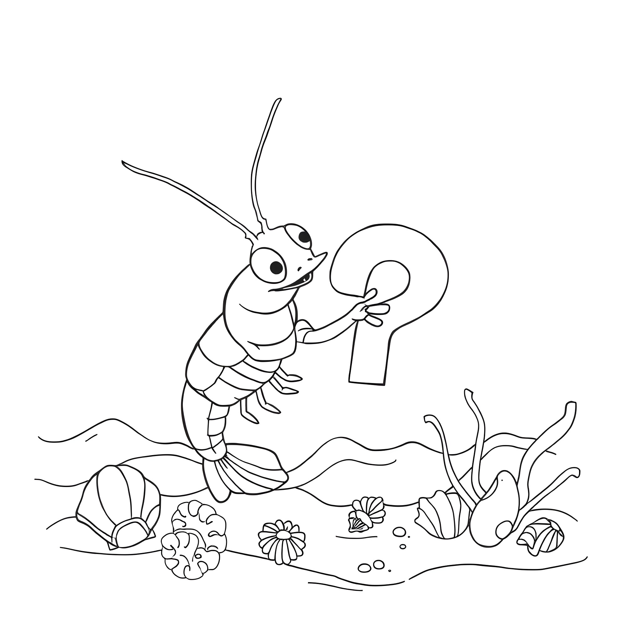 Shrimp exploring marine life with a question mark Coloring Page (free black-and-white line drawing printable PDF for all, from beginners to advanced learners, including children, teens, adults, and seniors)