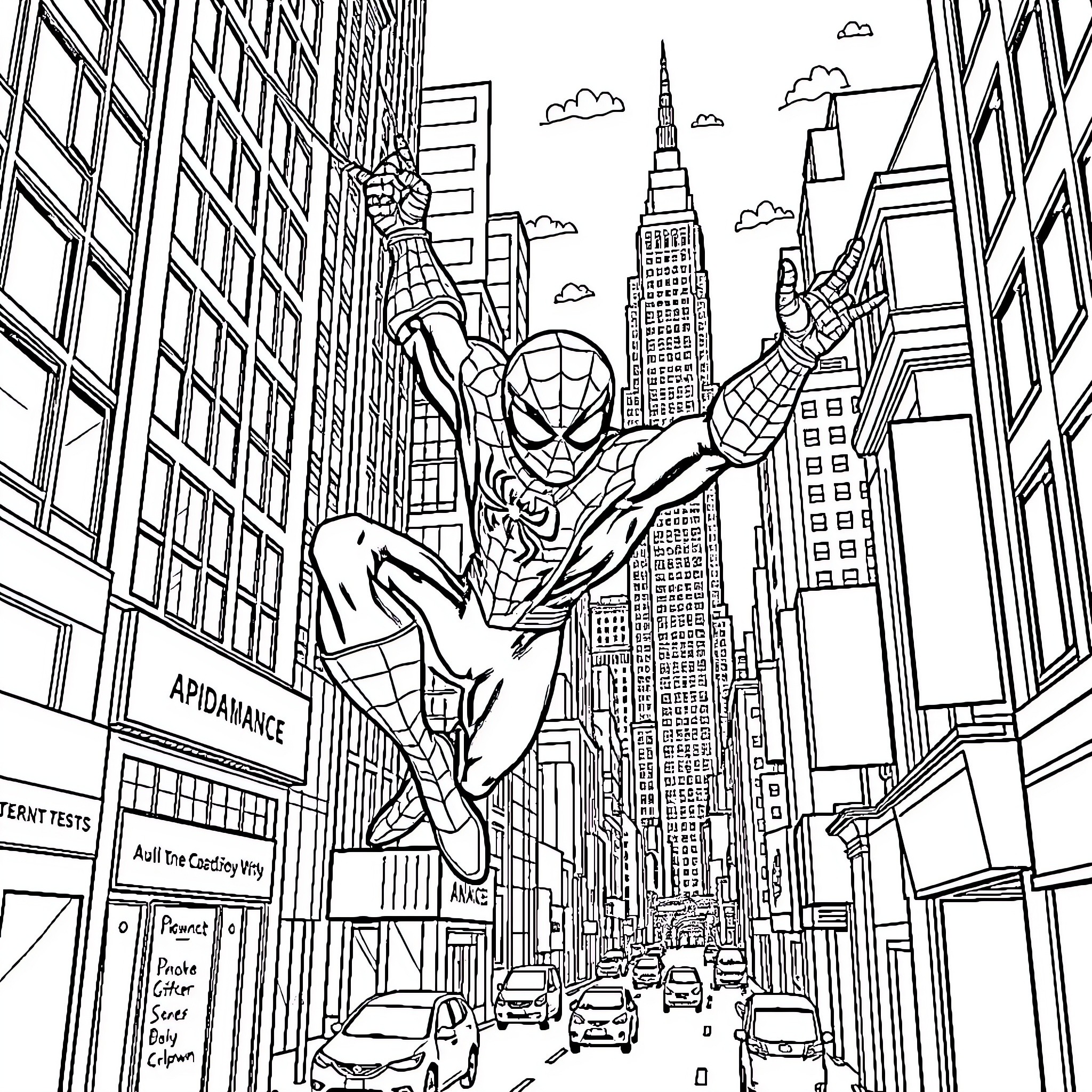 Spiderman swinging through the city skyline Coloring Page (free black-and-white line drawing printable PDF for all, from beginners to advanced learners, including children, teens, adults, and seniors)