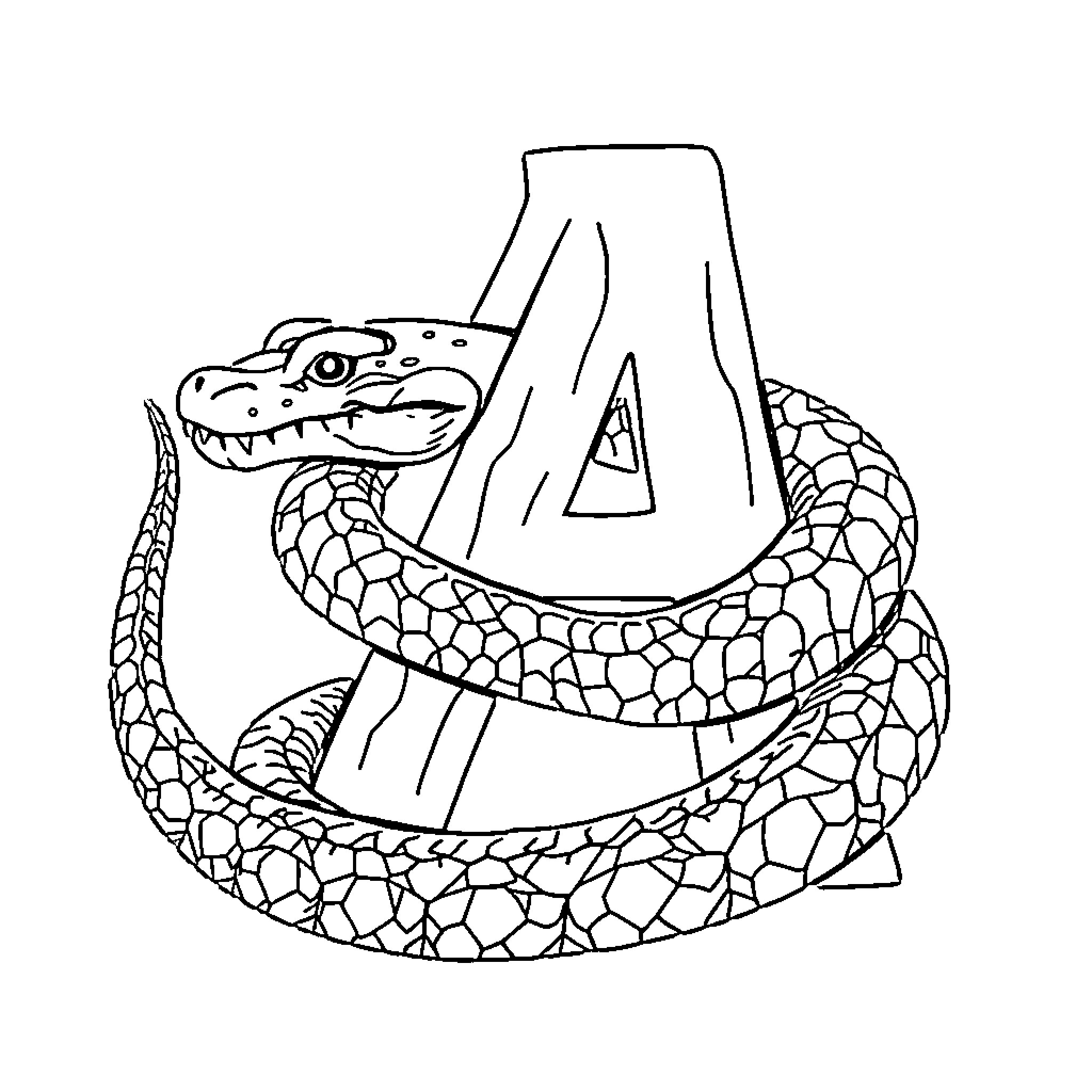Anaconda snake coiling around letter A Coloring Page (free black-and-white line drawing printable PDF for all, from beginners to advanced learners, including children, teens, adults, and seniors)