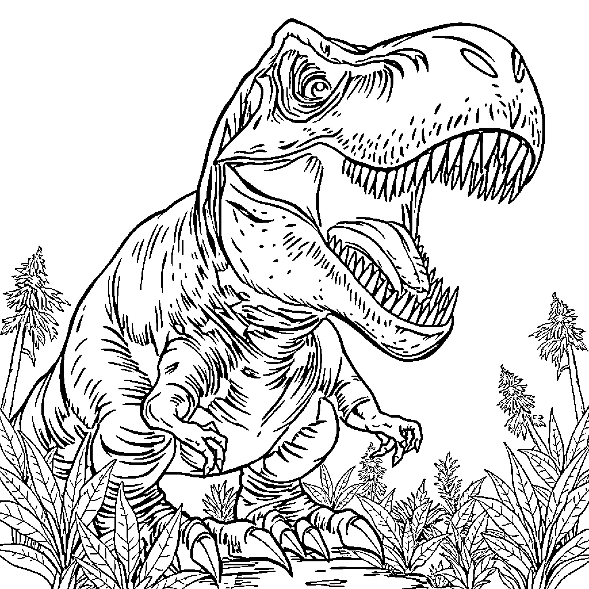 T-Rex roaring fiercely in prehistoric landscape Coloring Page (free black-and-white line drawing printable PDF for all, from beginners to advanced learners, including children, teens, adults, and seniors)