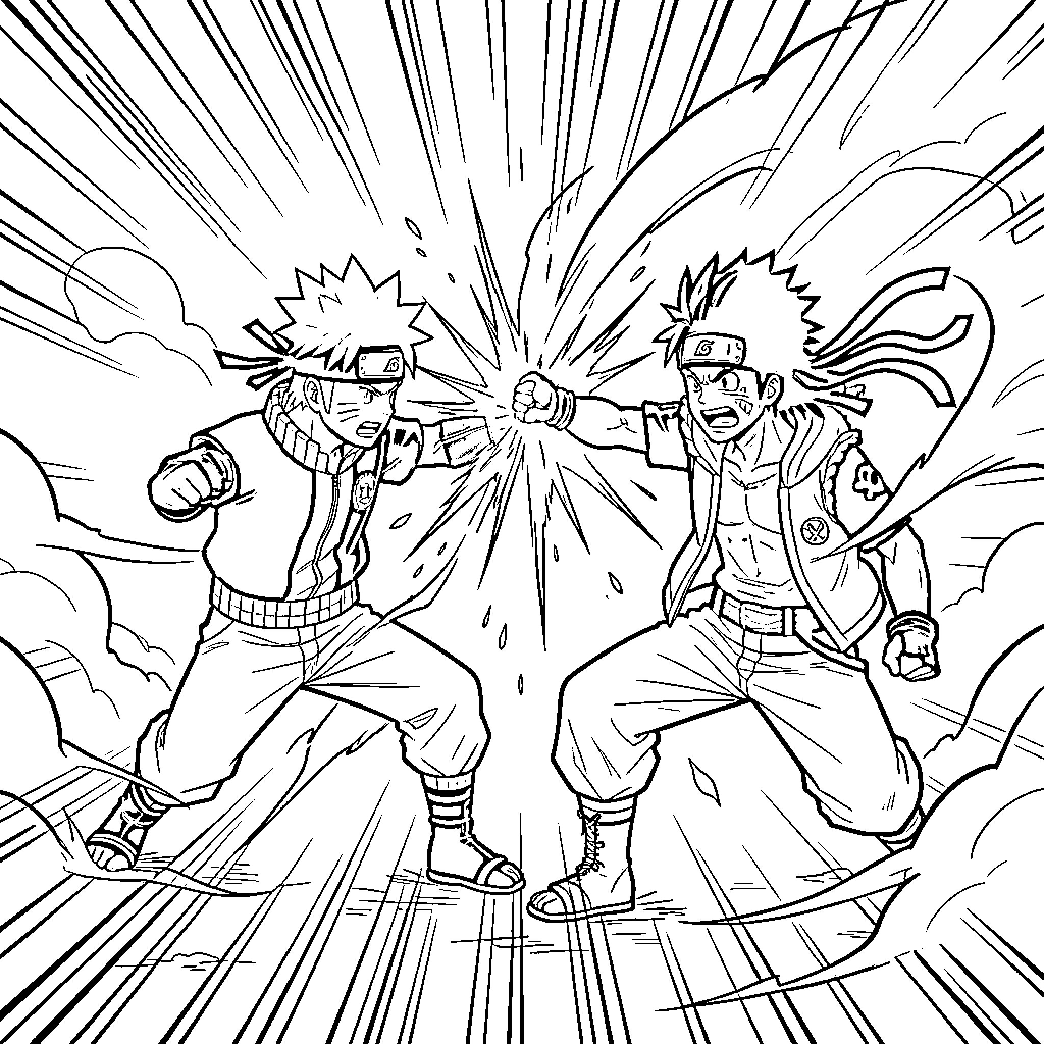 Naruto characters in intense battle with special attacks Coloring Page (free black-and-white line drawing printable PDF for all, from beginners to advanced learners, including children, teens, adults, and seniors)