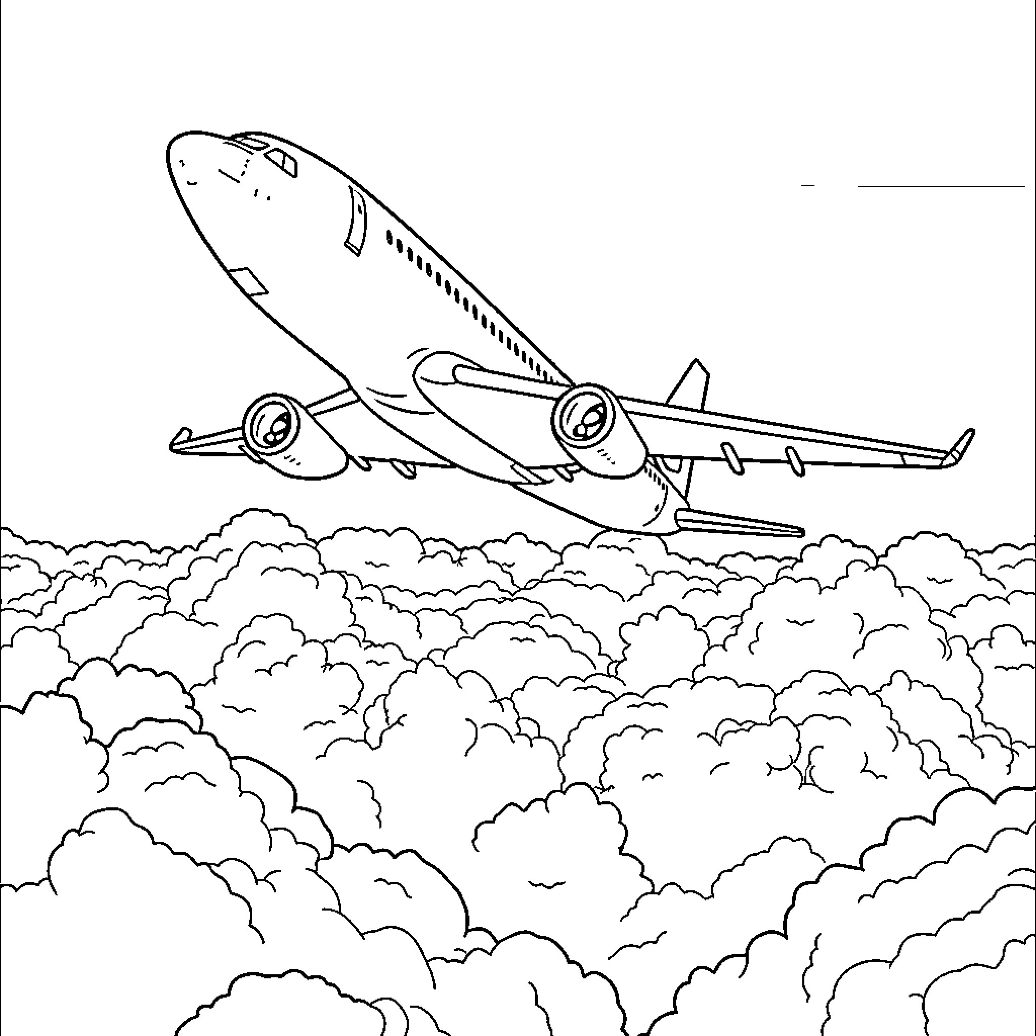 Airplane soaring through the cloudy skies Coloring Page (free black-and-white line drawing printable PDF for all, from beginners to advanced learners, including children, teens, adults, and seniors)