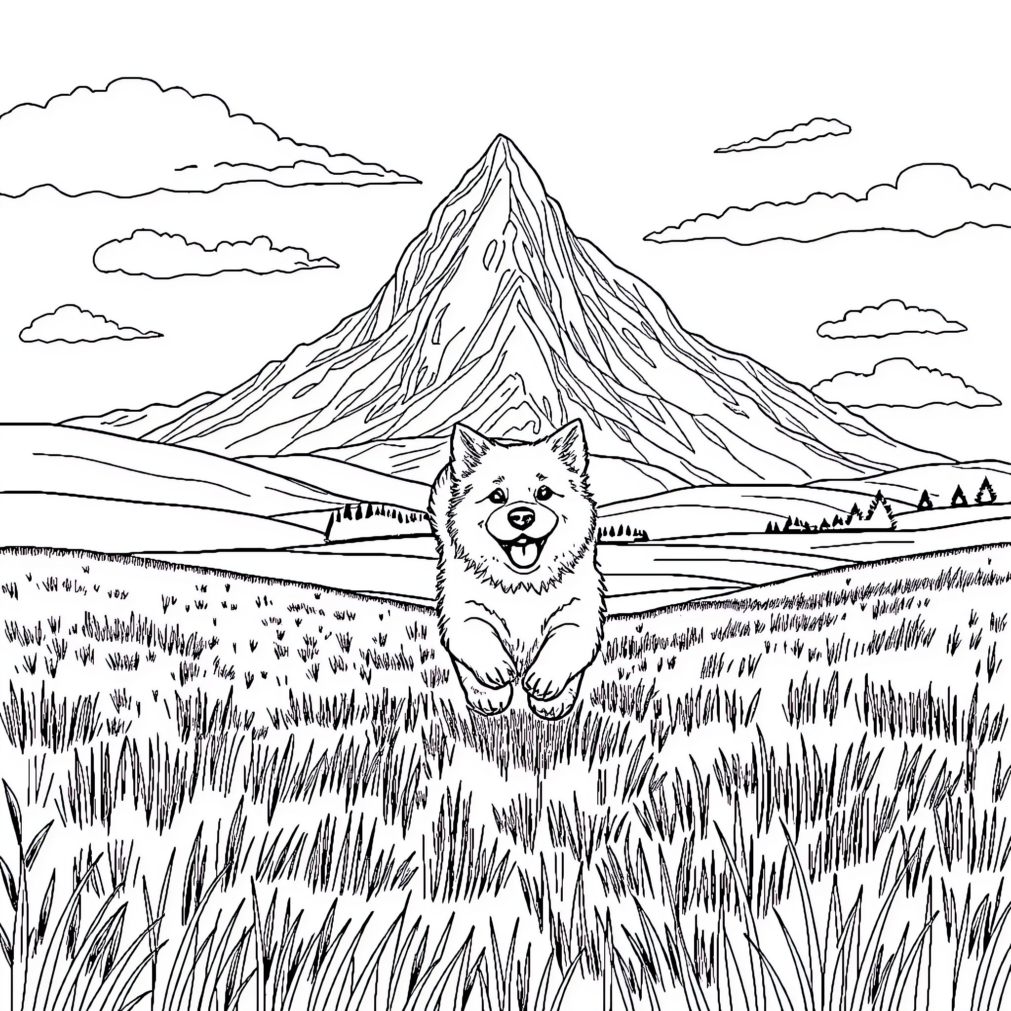 Dog enjoying scenic mountain landscape Coloring Page (free black-and-white line drawing printable PDF for all, from beginners to advanced learners, including children, teens, adults, and seniors)