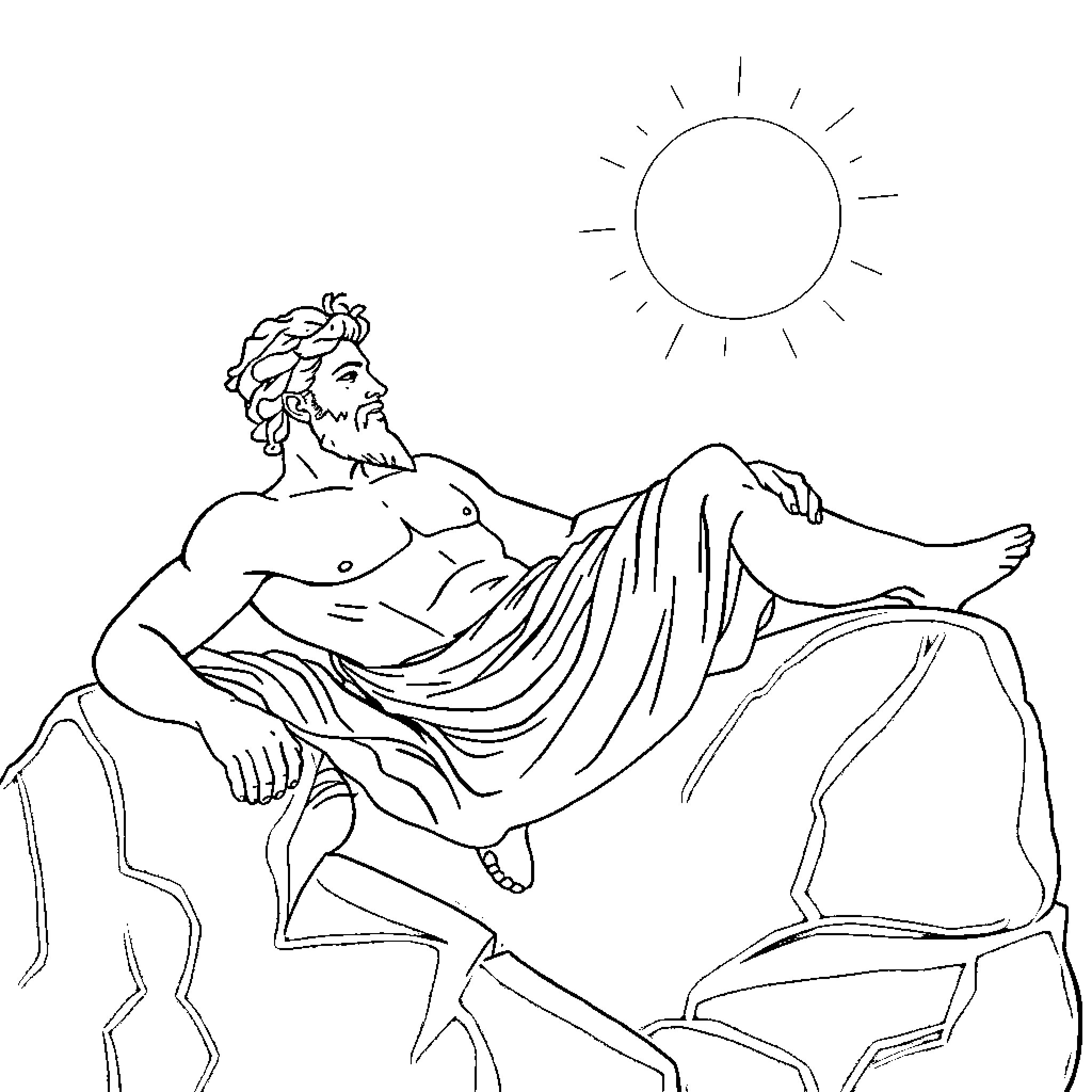 Greek God reclining in the sun Coloring Page (free black-and-white line drawing printable PDF for all, from beginners to advanced learners, including children, teens, adults, and seniors)