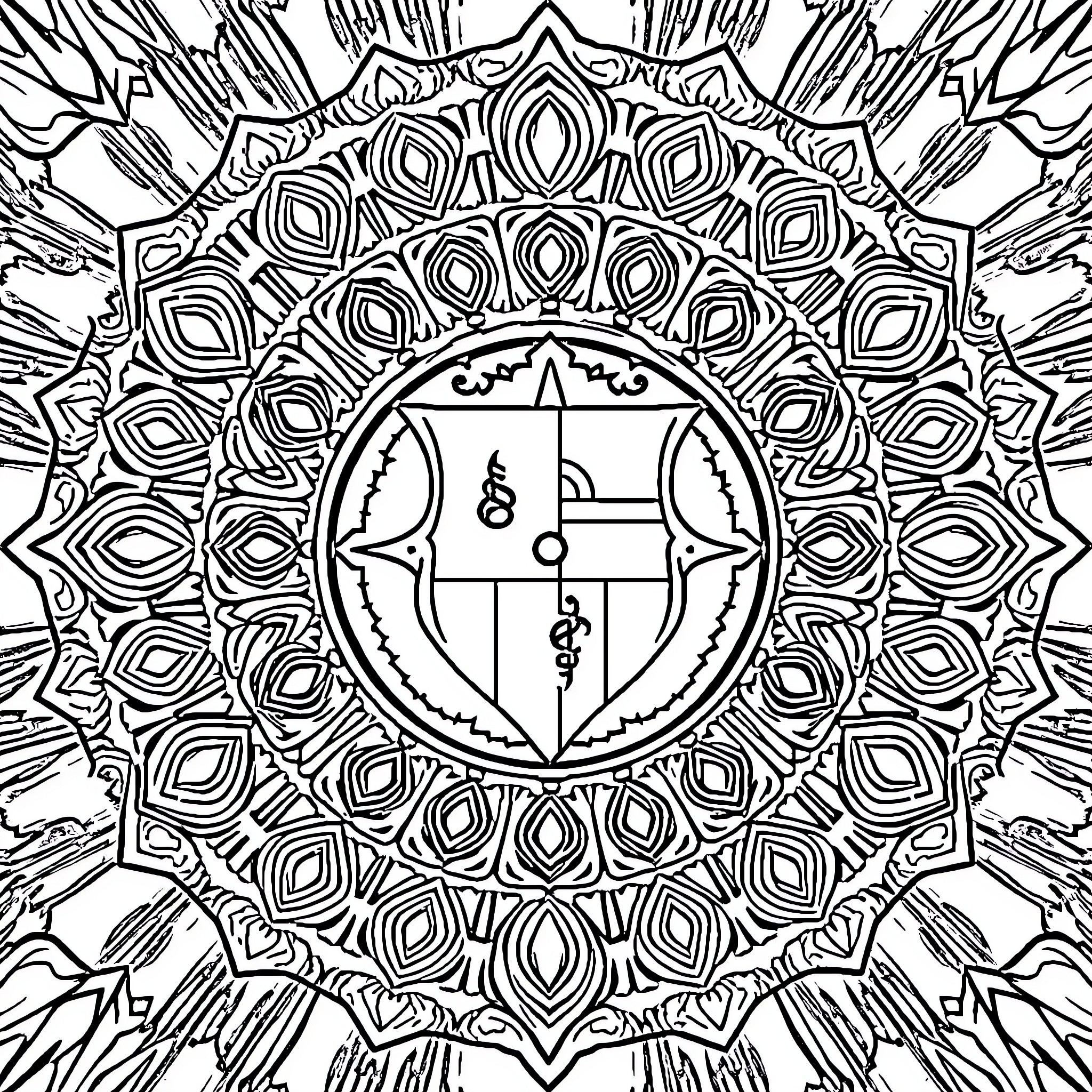 Benfica Mandala with Islamic Geometric Patterns Coloring Page (free black-and-white line drawing printable PDF for all, from beginners to advanced learners, including children, teens, adults, and seniors)