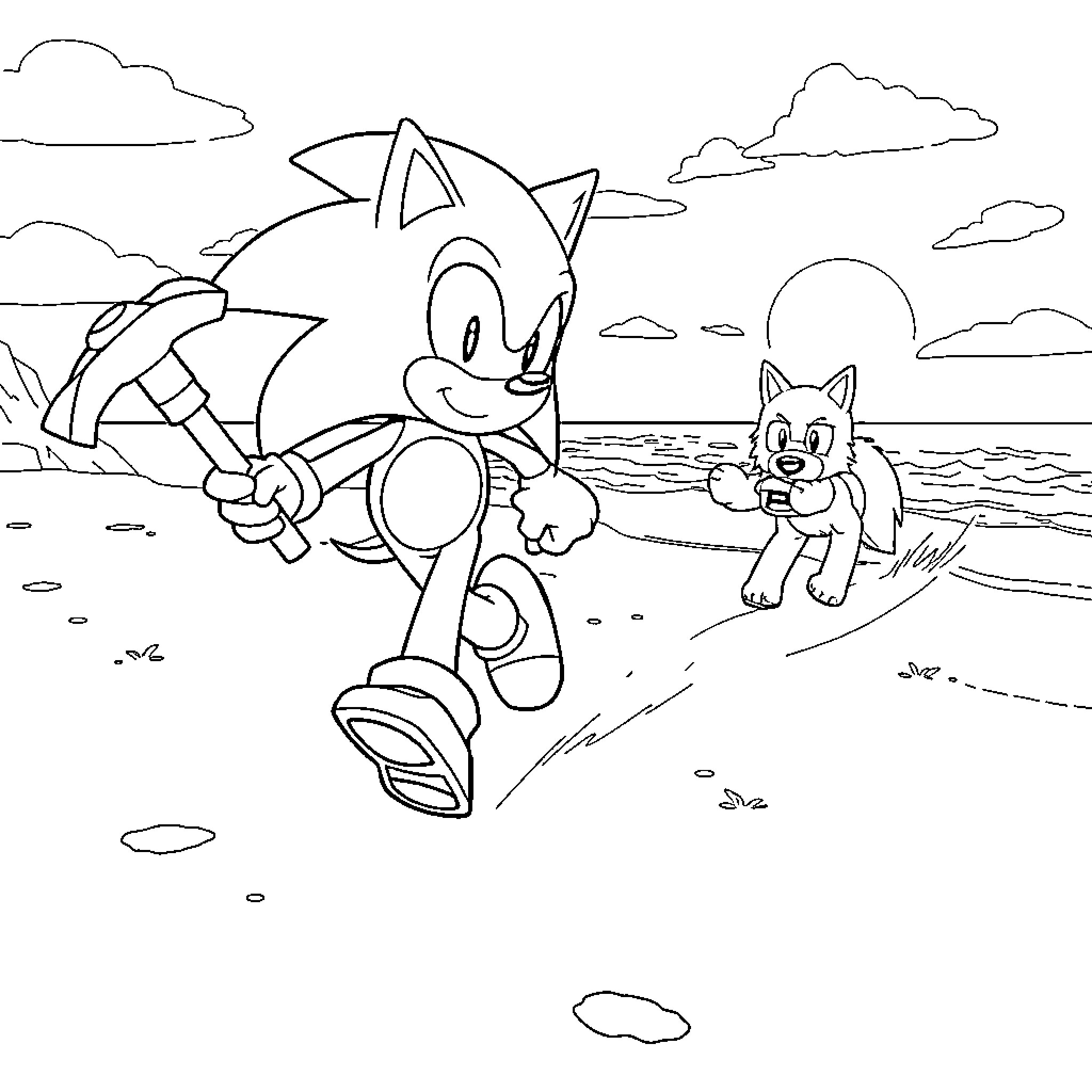 Sonic the Hedgehog running on the beach with companion Coloring Page (free black-and-white line drawing printable PDF for all, from beginners to advanced learners, including children, teens, adults, and seniors)