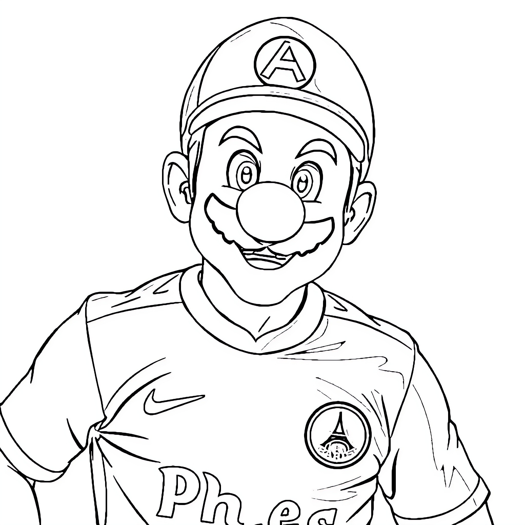 Mario in a Playful Pose with a Smile Coloring Page (free black-and-white line drawing printable PDF for all, from beginners to advanced learners, including children, teens, adults, and seniors)