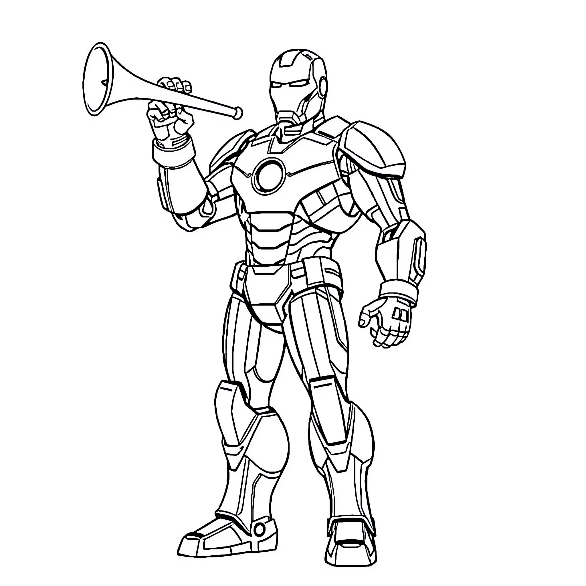 Iron Man in Battle-Ready Pose with Weapon Coloring Page (free black-and-white line drawing printable PDF for all, from beginners to advanced learners, including children, teens, adults, and seniors)