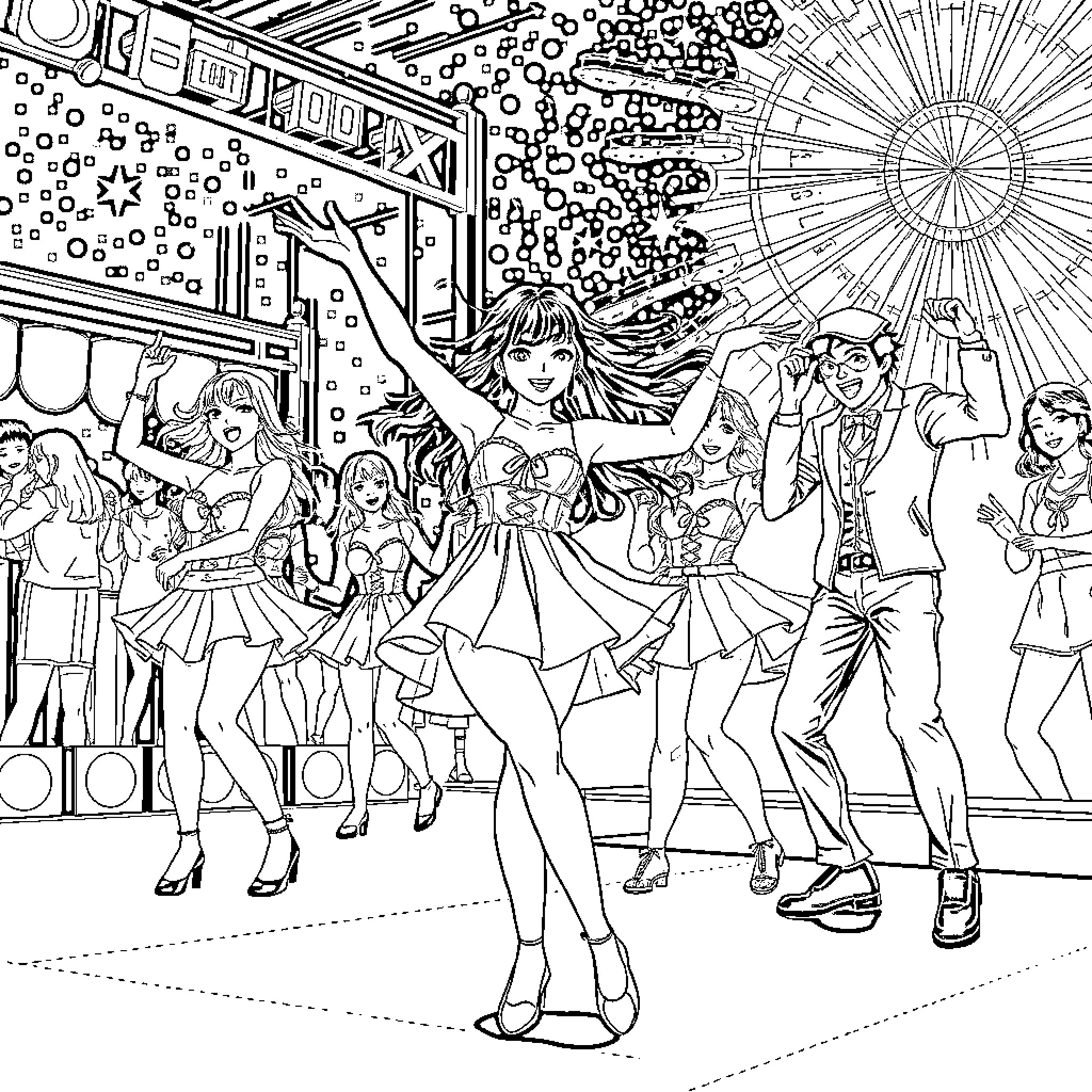 Kuromi's Dazzling Stage Performance Coloring Page (free black-and-white line drawing printable PDF for all, from beginners to advanced learners, including children, teens, adults, and seniors)