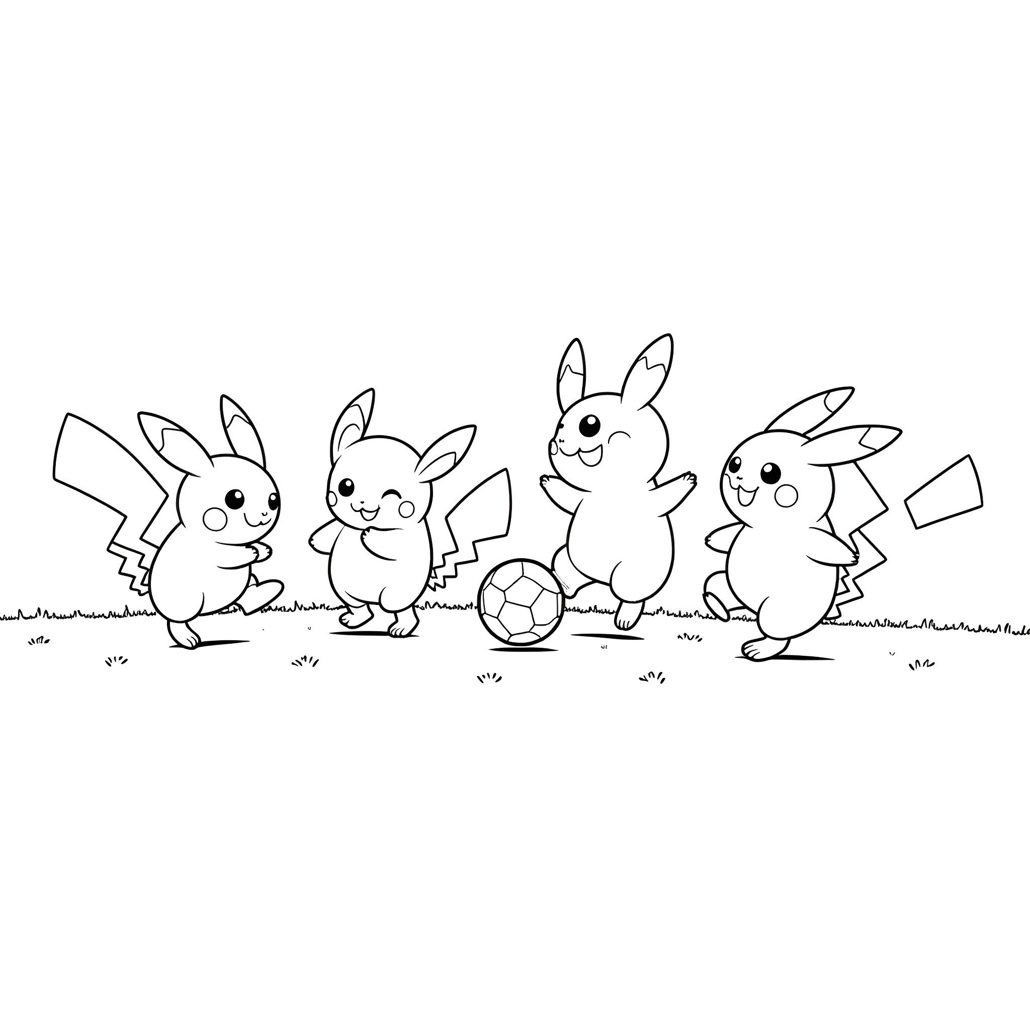 Pokémon characters playing with a soccer ball Coloring Page (free black-and-white line drawing printable PDF for all, from beginners to advanced learners, including children, teens, adults, and seniors)