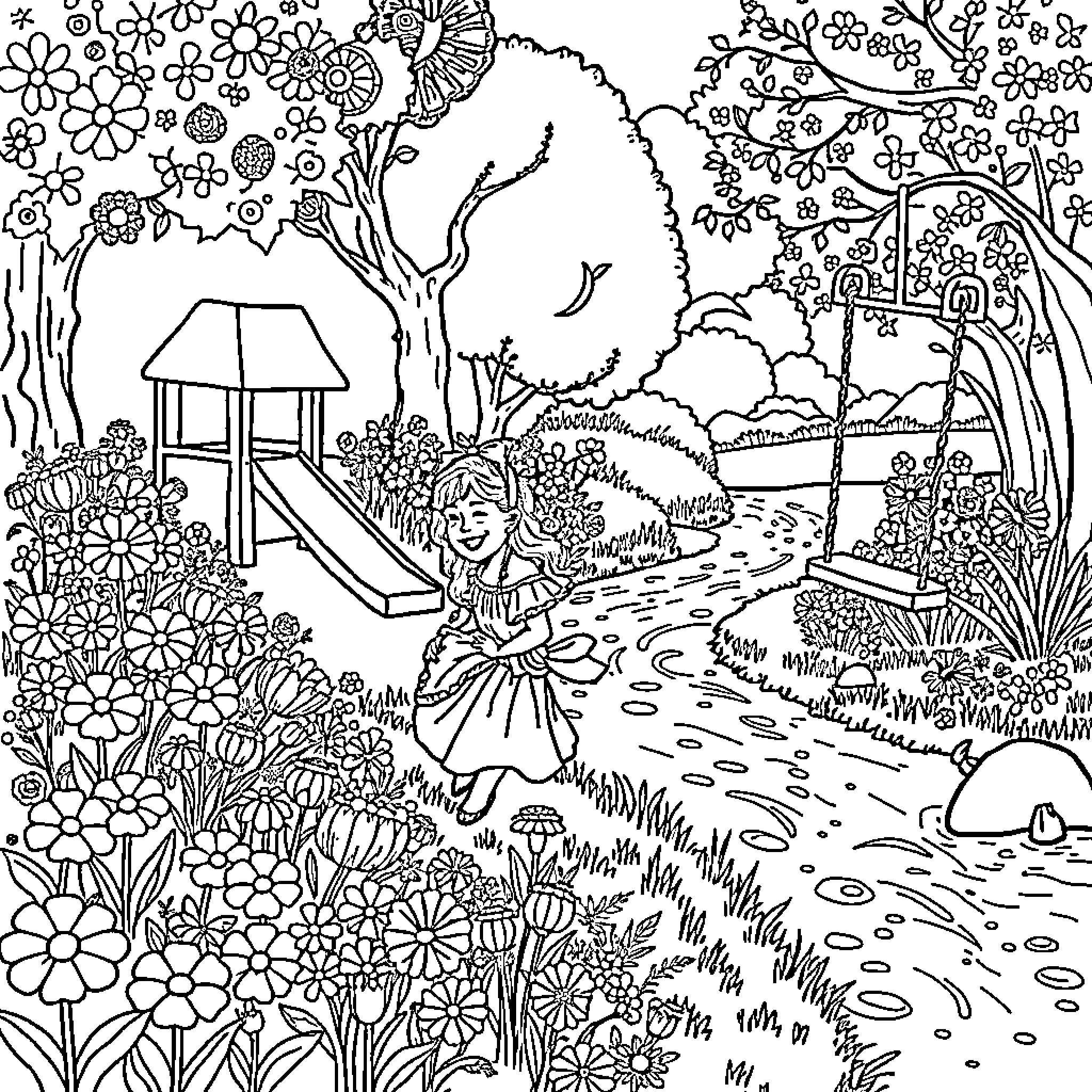 Garden with Playful Child and Nature Scenery Coloring Page (free black-and-white line drawing printable PDF for all, from beginners to advanced learners, including children, teens, adults, and seniors)