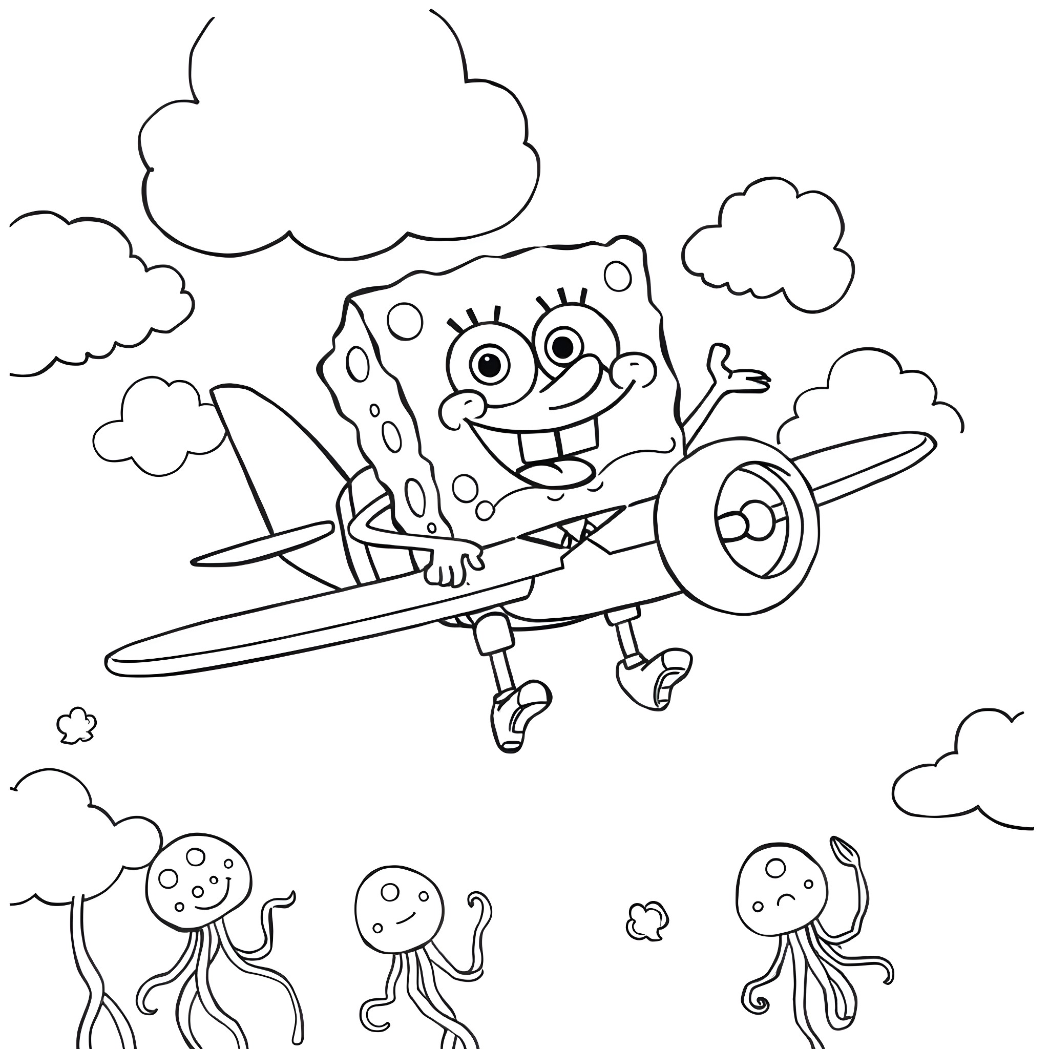 Spongebob flying an airplane with jellyfish in the sky Coloring Page (free black-and-white line drawing printable PDF for all, from beginners to advanced learners, including children, teens, adults, and seniors)