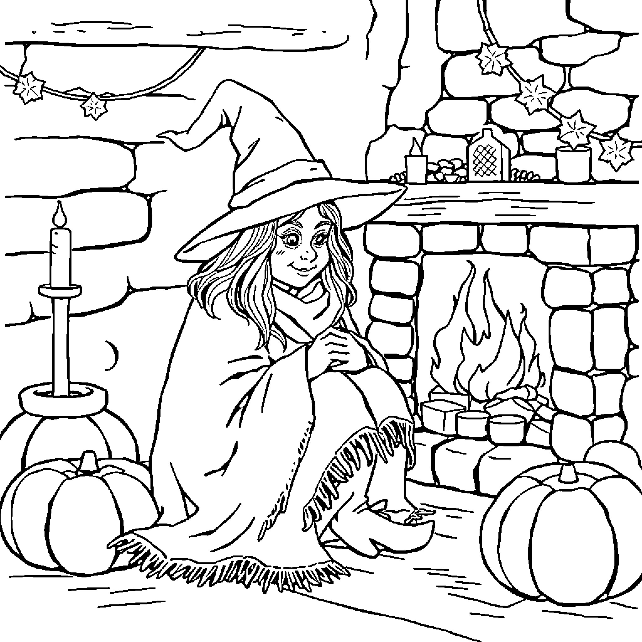 Witch enjoying a cozy evening by the fireplace Coloring Page (free black-and-white line drawing printable PDF for all, from beginners to advanced learners, including children, teens, adults, and seniors)