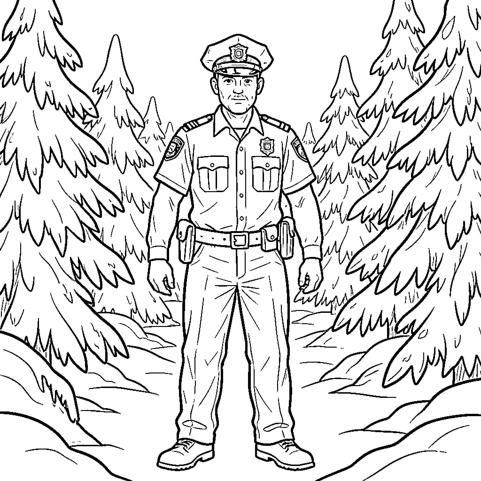 Police Man in the forest Coloring Page (free black-and-white line drawing printable PDF for all, from beginners to advanced learners, including children, teens, adults, and seniors)