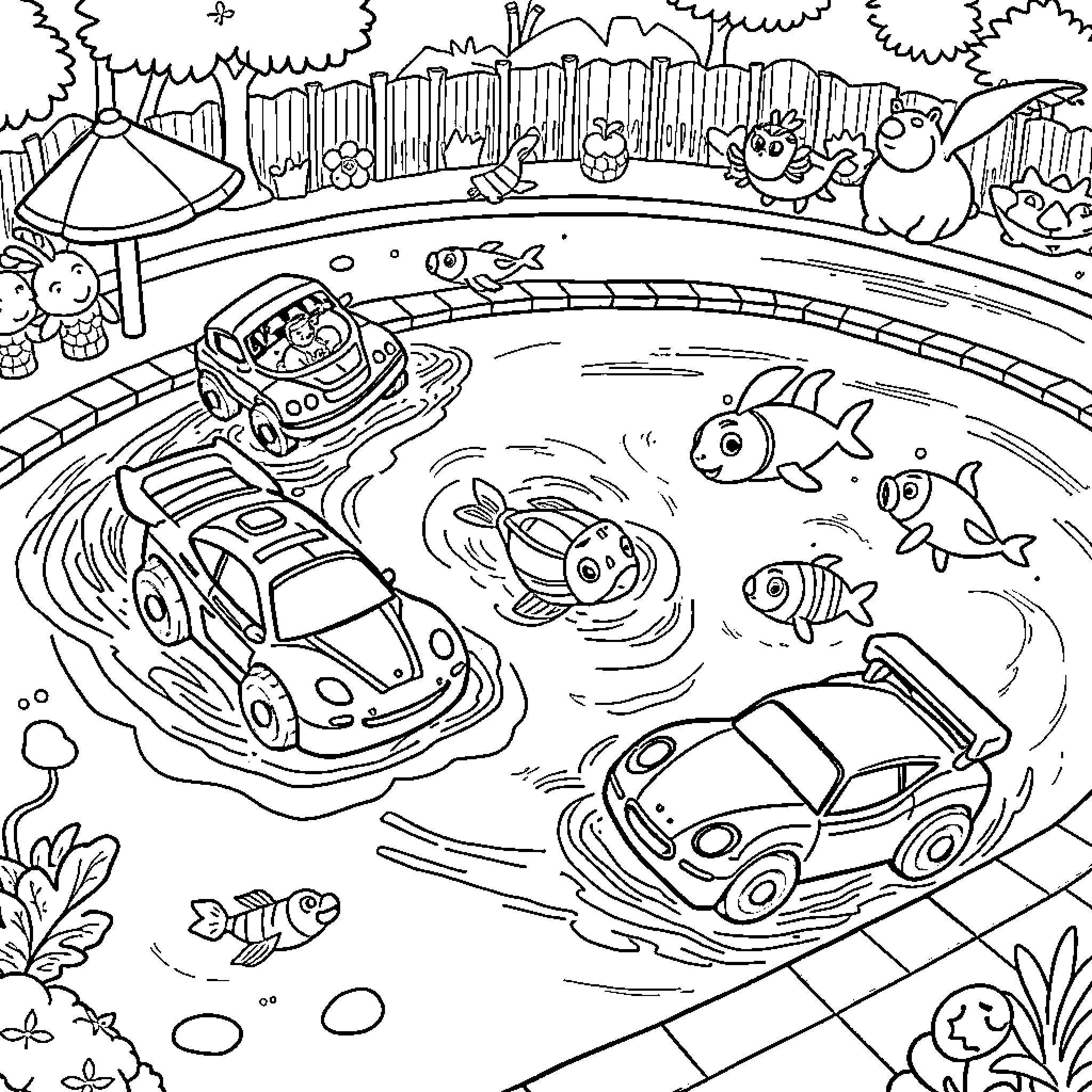 Car rides and aquatic adventures in the enchanting garden Coloring Page (free black-and-white line drawing printable PDF for all, from beginners to advanced learners, including children, teens, adults, and seniors)