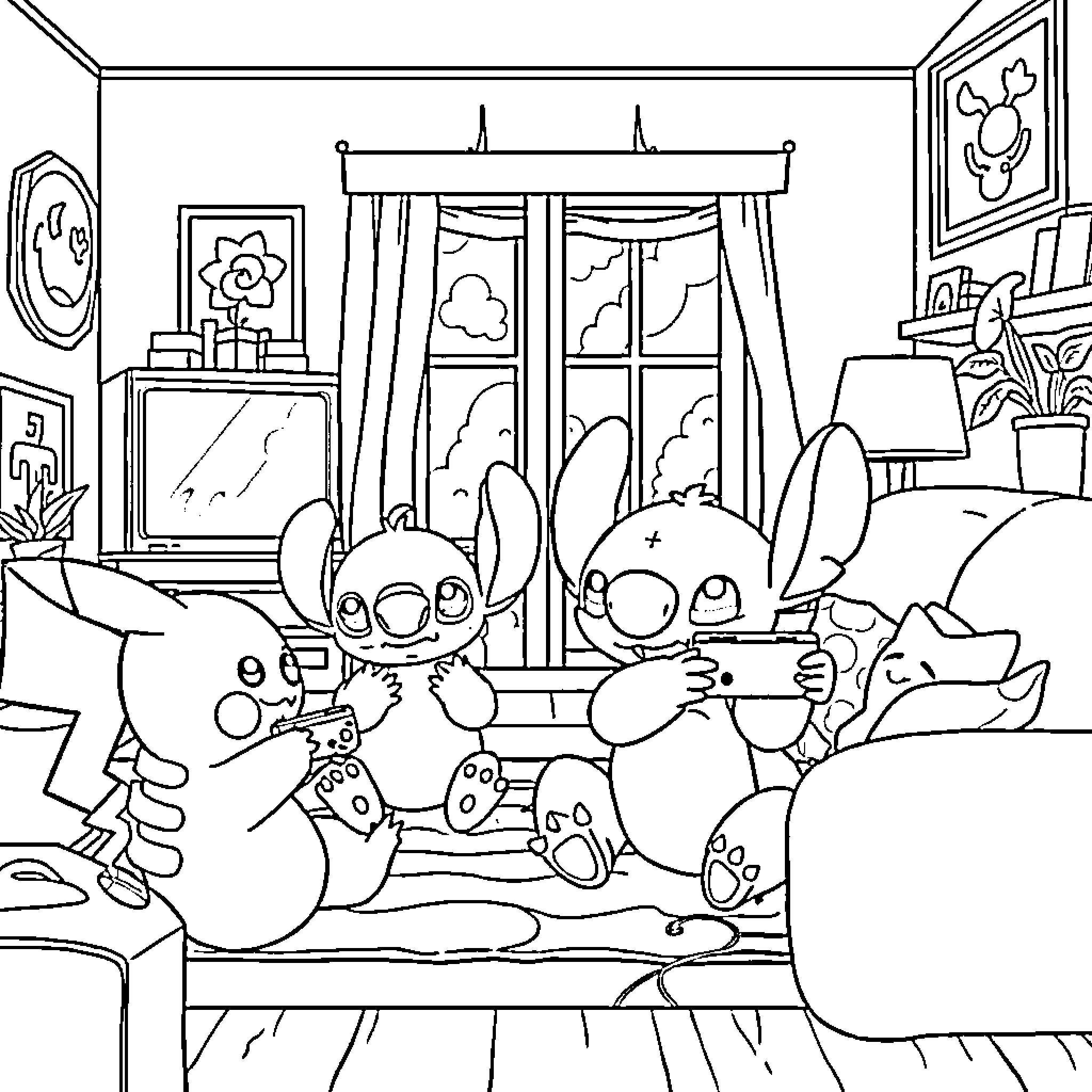 Pikachu and Stitch playing video games in the living room Coloring Page (free black-and-white line drawing printable PDF for all, from beginners to advanced learners, including children, teens, adults, and seniors)